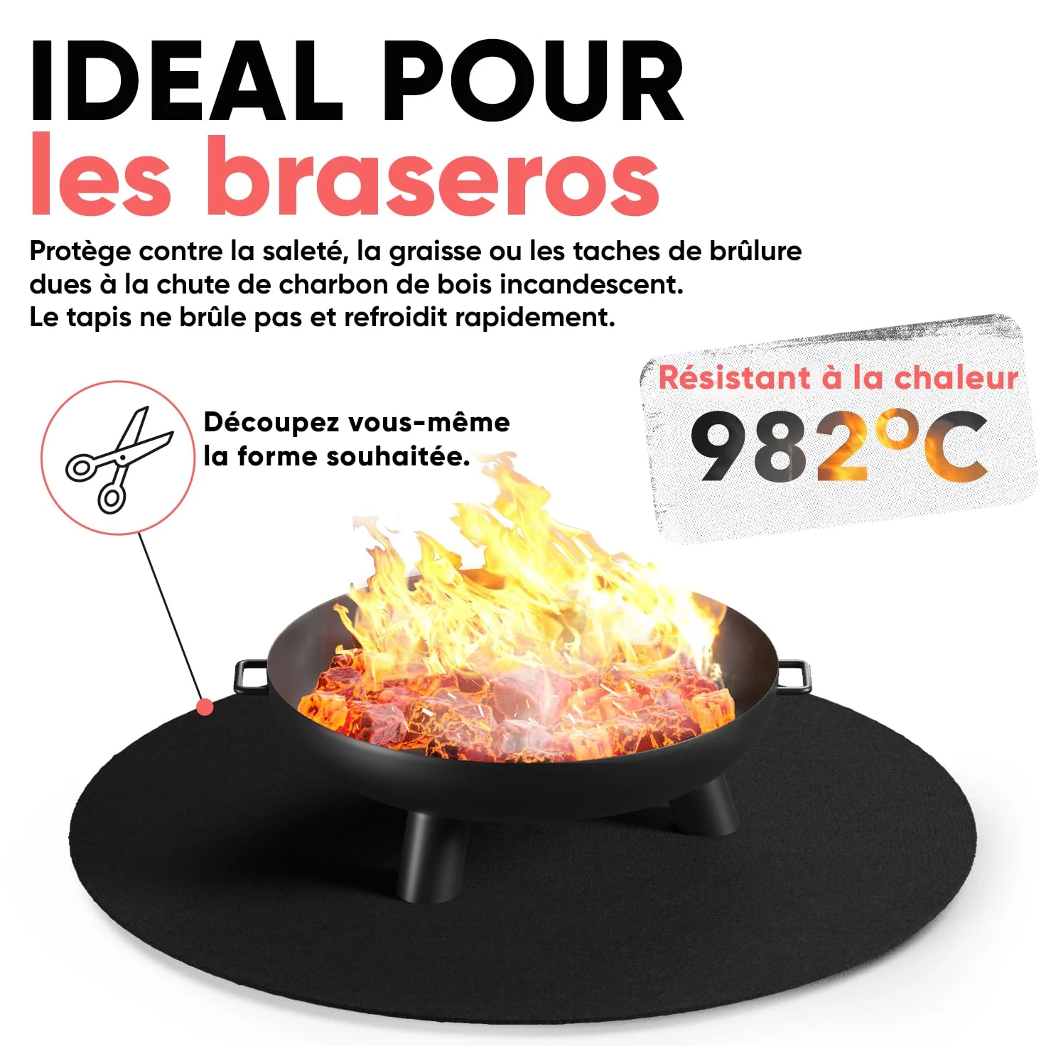 Tapis ignifugé 2x2 m résistant à la Chaleur Jusqu‘à 982 °C, Tissu Anti-feu idéal comme Protection ou Support de Grill, Tapis Anti-Chaleur Non Inflammable, Plaque réfractaire, Protection Anti-feu