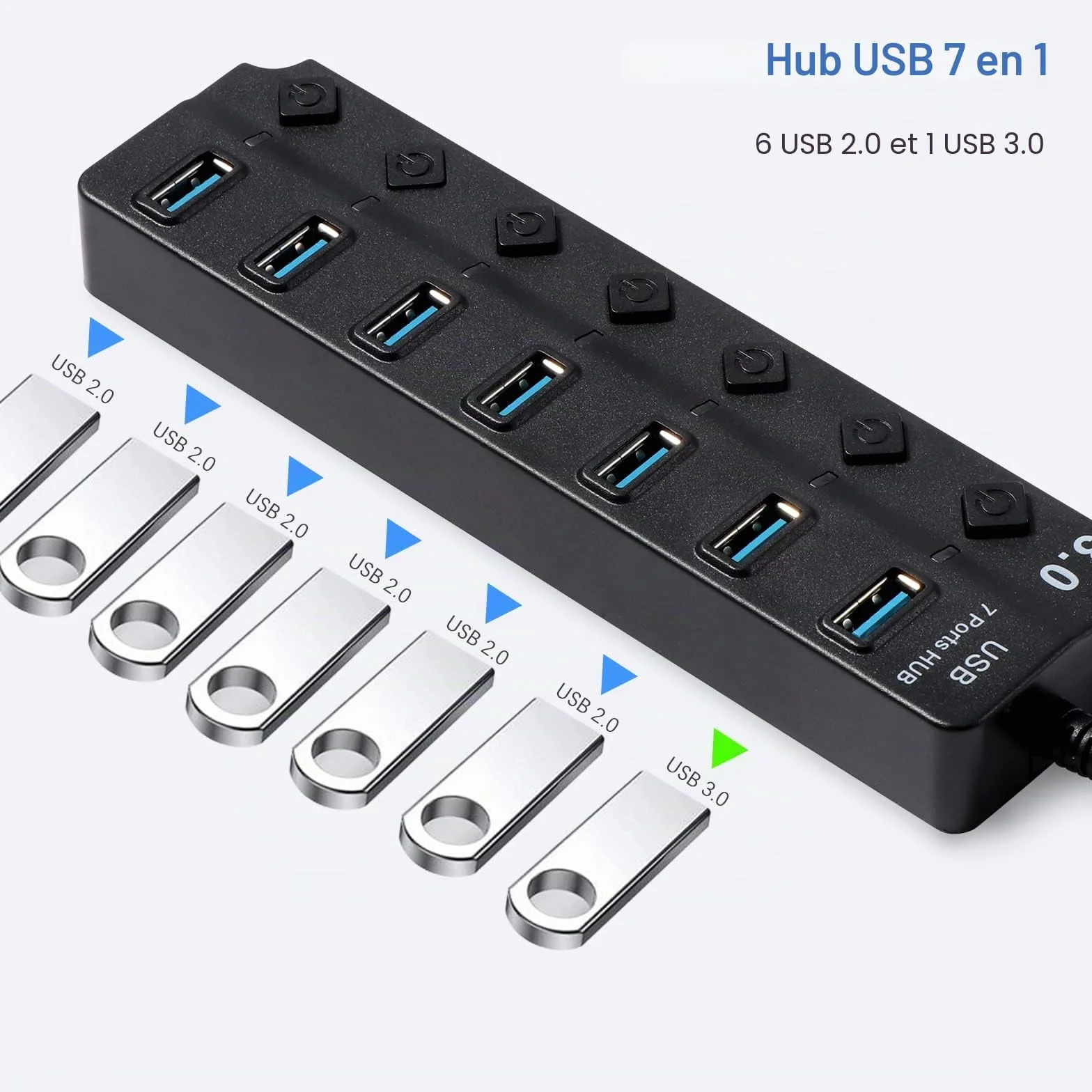 Hoppac Hub 7 en 1 Multiprise USB 3.0 2.0 Port Multiple PC Transfert Données Recharge Interrupteur LED 1M