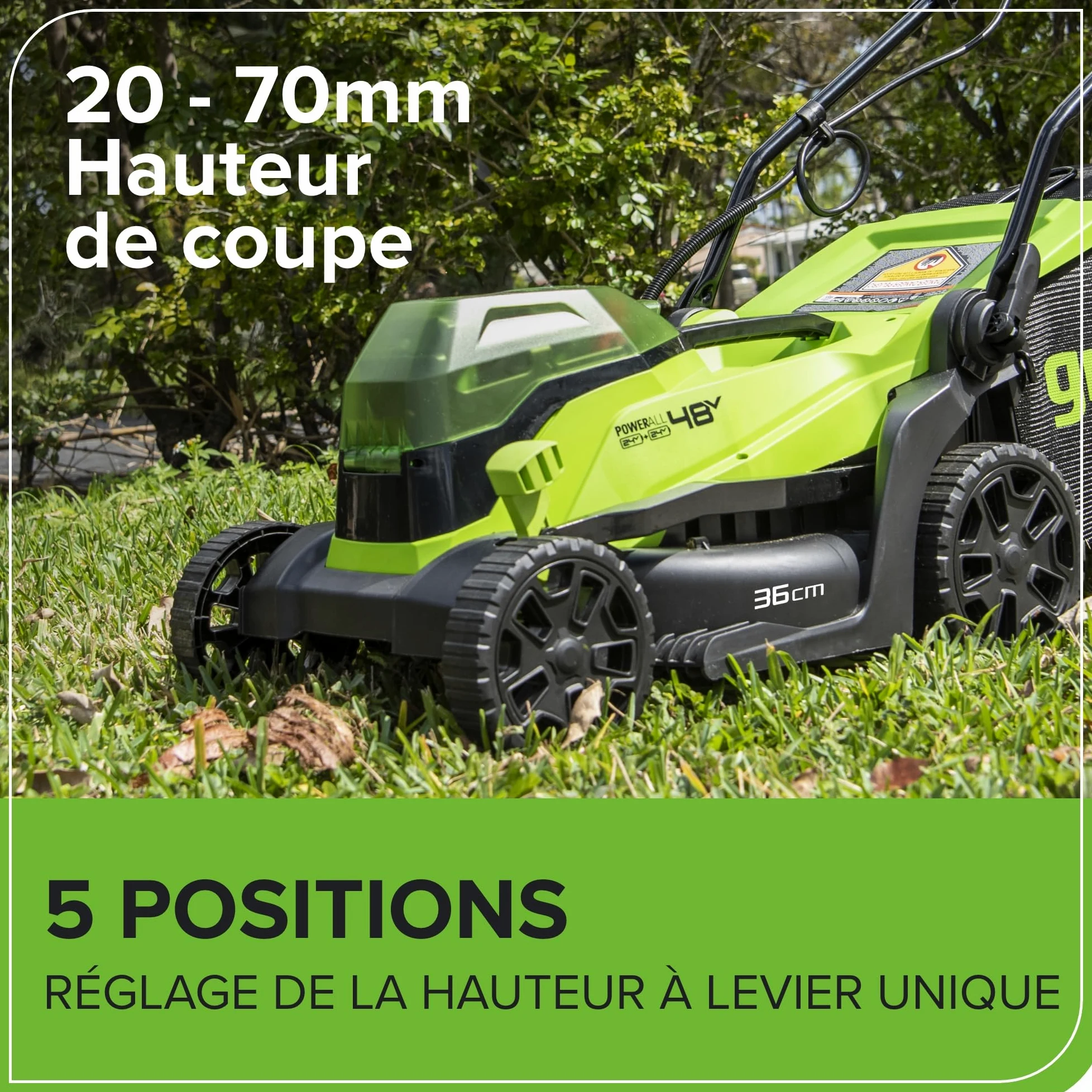 Greenworks 48V (24V x 2) Tondeuse à gazon sans fil , 36cm largeur jusqu'à 200m² ,40L Sac de Ramassage avec batterie 2x2Ah et chargeur à double fente, Garantie 3 Ans, GD24X2LM36K2x