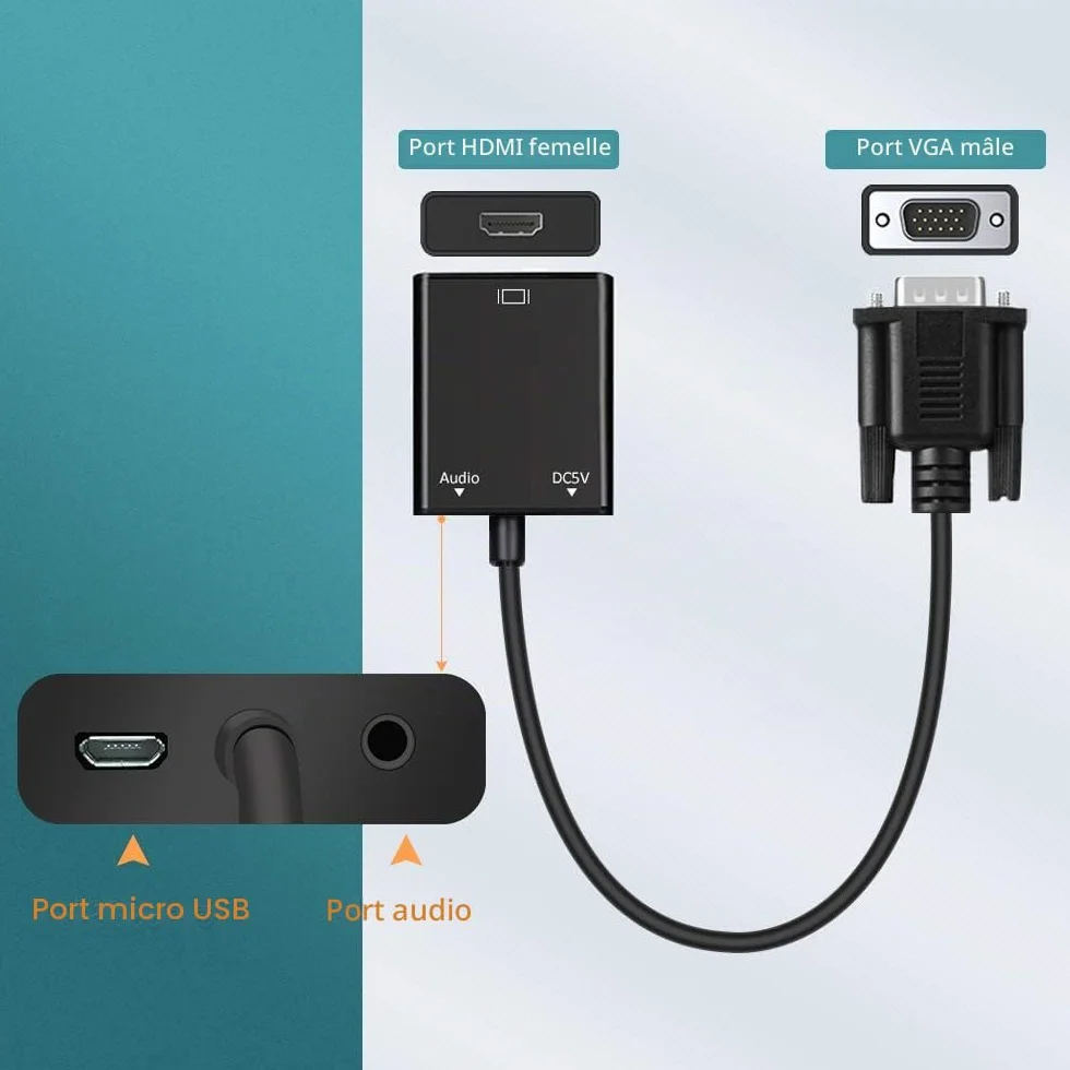 Adaptateur Convertisseur VGA vers HDMI 1080P 60Hz Mâle Femelle Audio 3,5mm