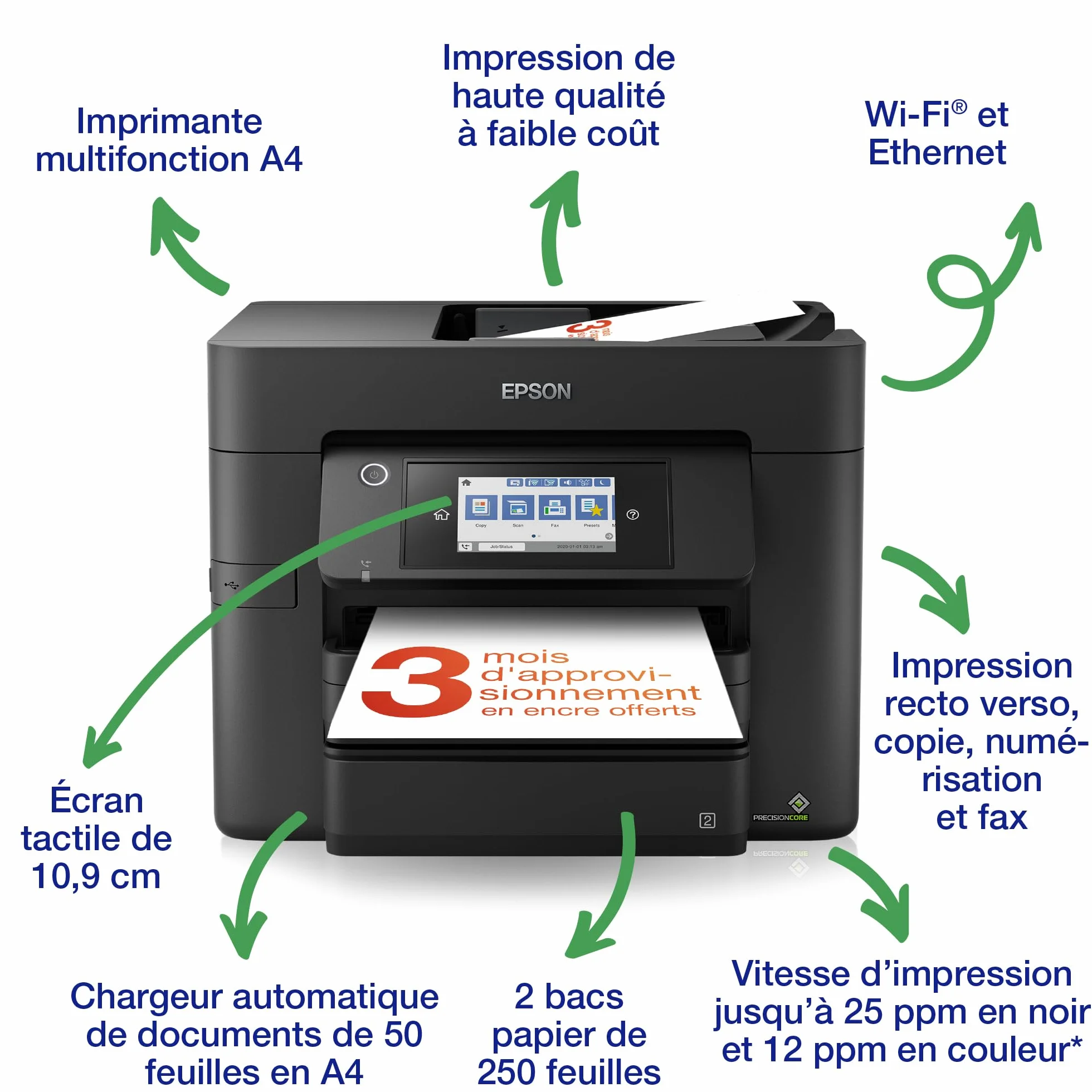EPSON WorkForce Pro WF-4830 Imprimante 4-en-1 recto-verso WiFi Direct Ethernet ADF Compacte