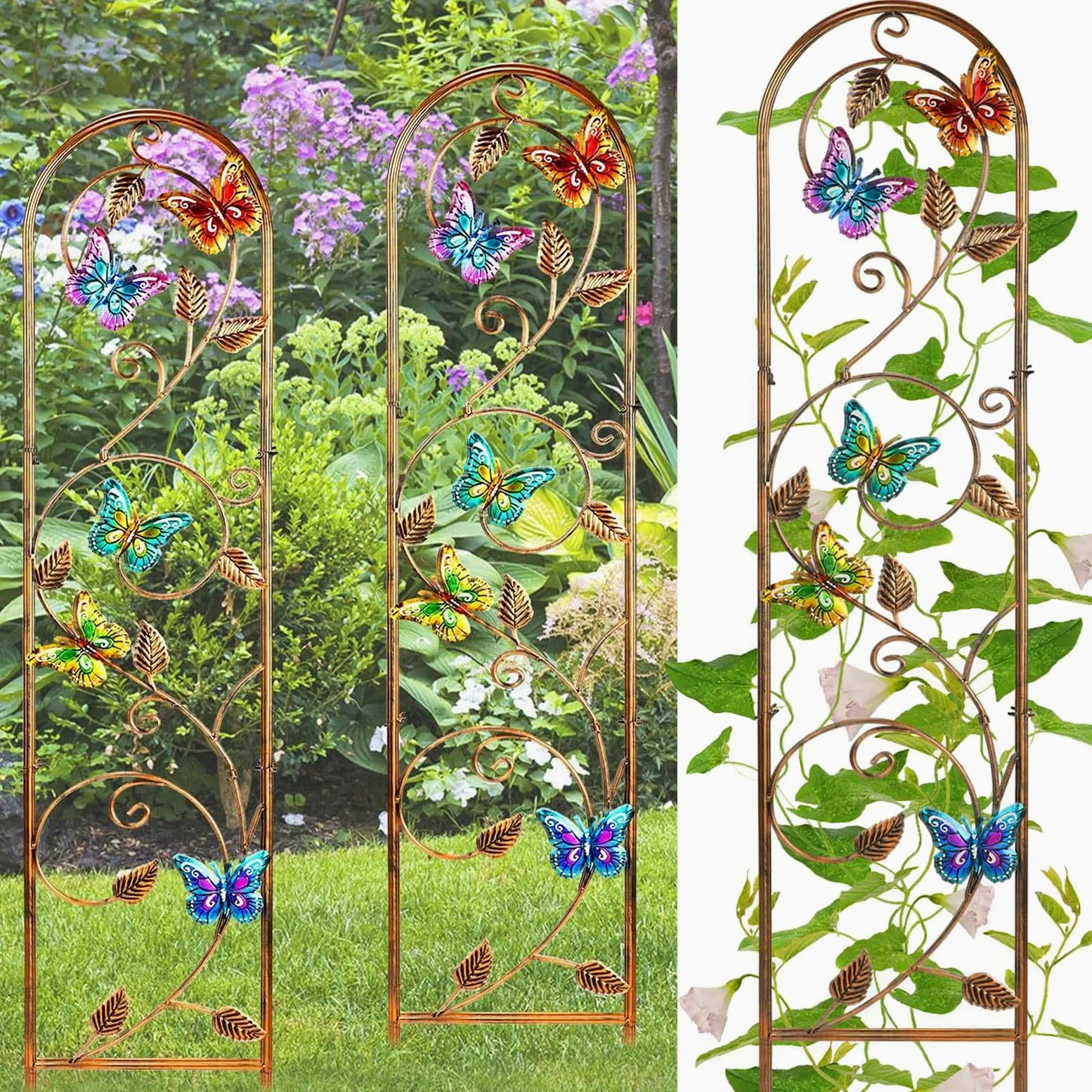 MEIYIFAN Lot de 2 Treillis Métalliques de Jardin de 152 cm Obélisque Haut pour Plantes Grimpantes Décoration Clôture Arquée pour Patio Extérieur Pelouse Cour Jardin (Papillon)