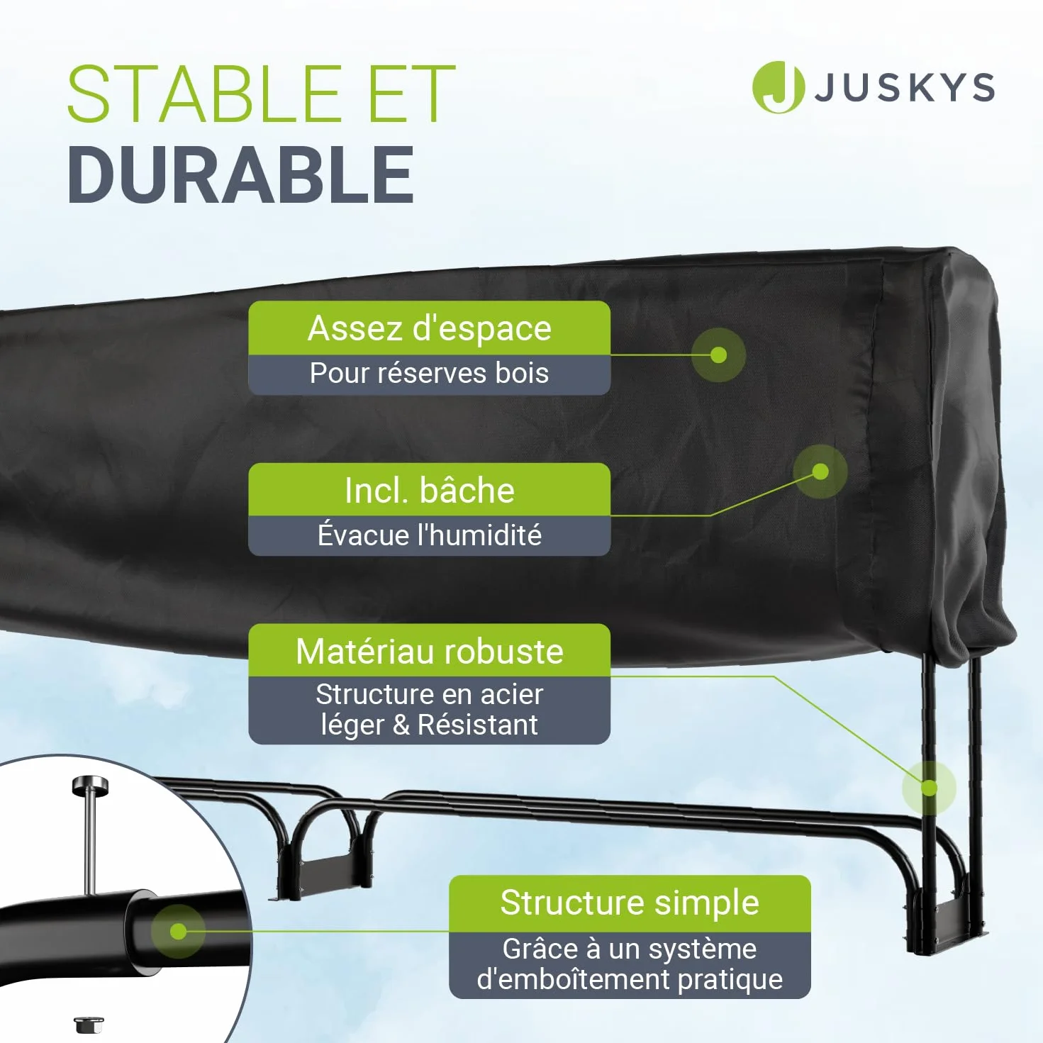 Juskys range-bûches L 260 x 117 x 36 cm noir support à bois de chauffage en acier avec housse Oxford abri à bois extérieur charge 300 kg