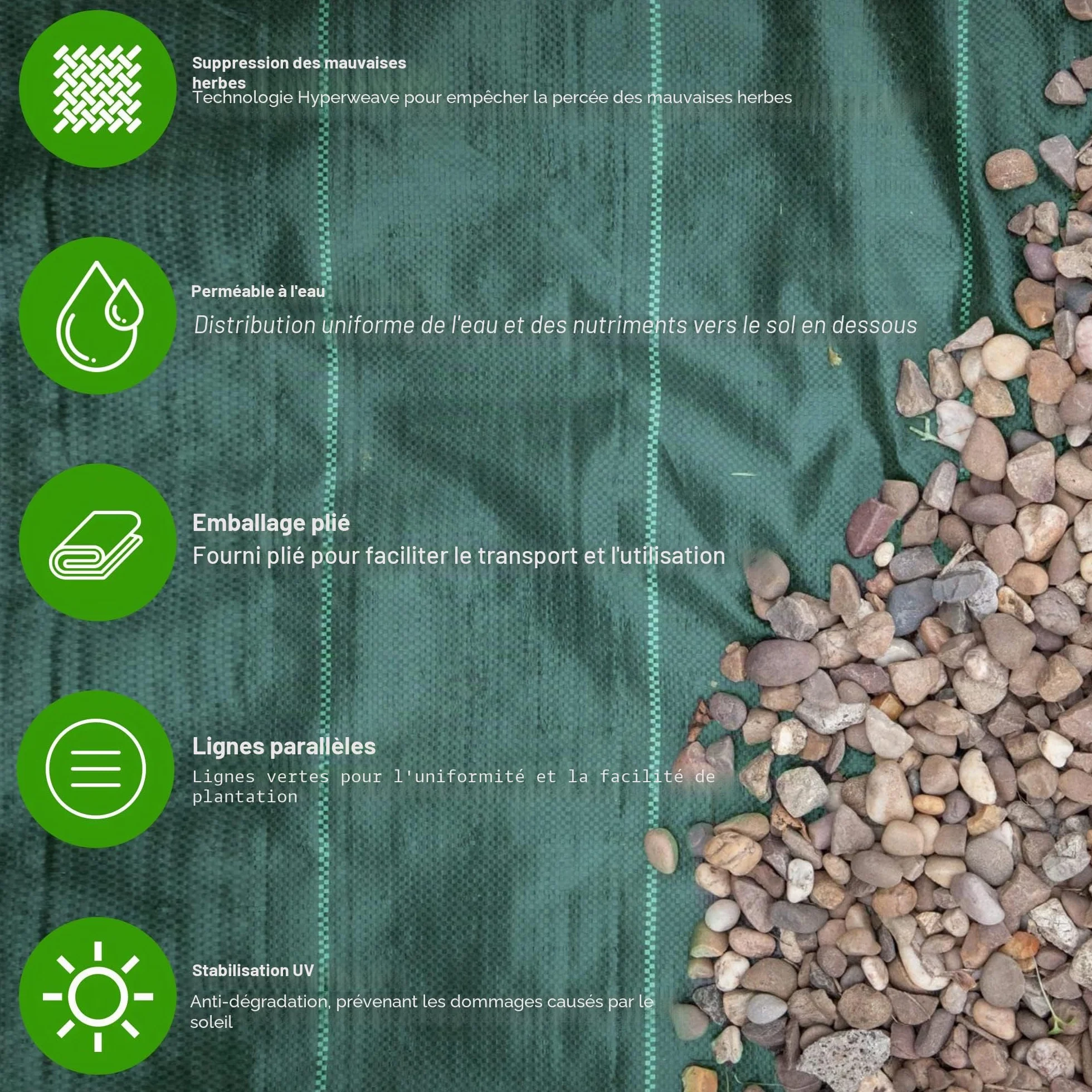 Toile de Paillage 125gsm 2m x 10m Jardin Anti-Mauvaises Herbes Anti UV Verte