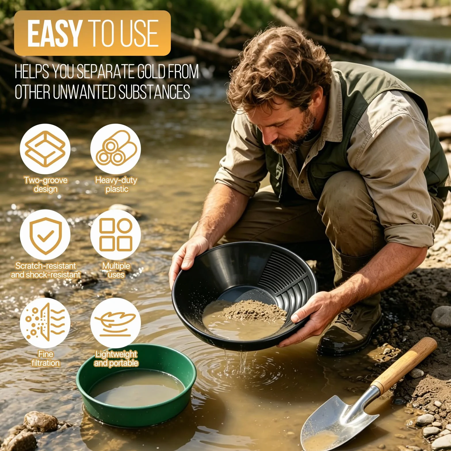 Kit Orpaillage Gold Pan Batee Rampe Lavage Manuel Or Panning Noir