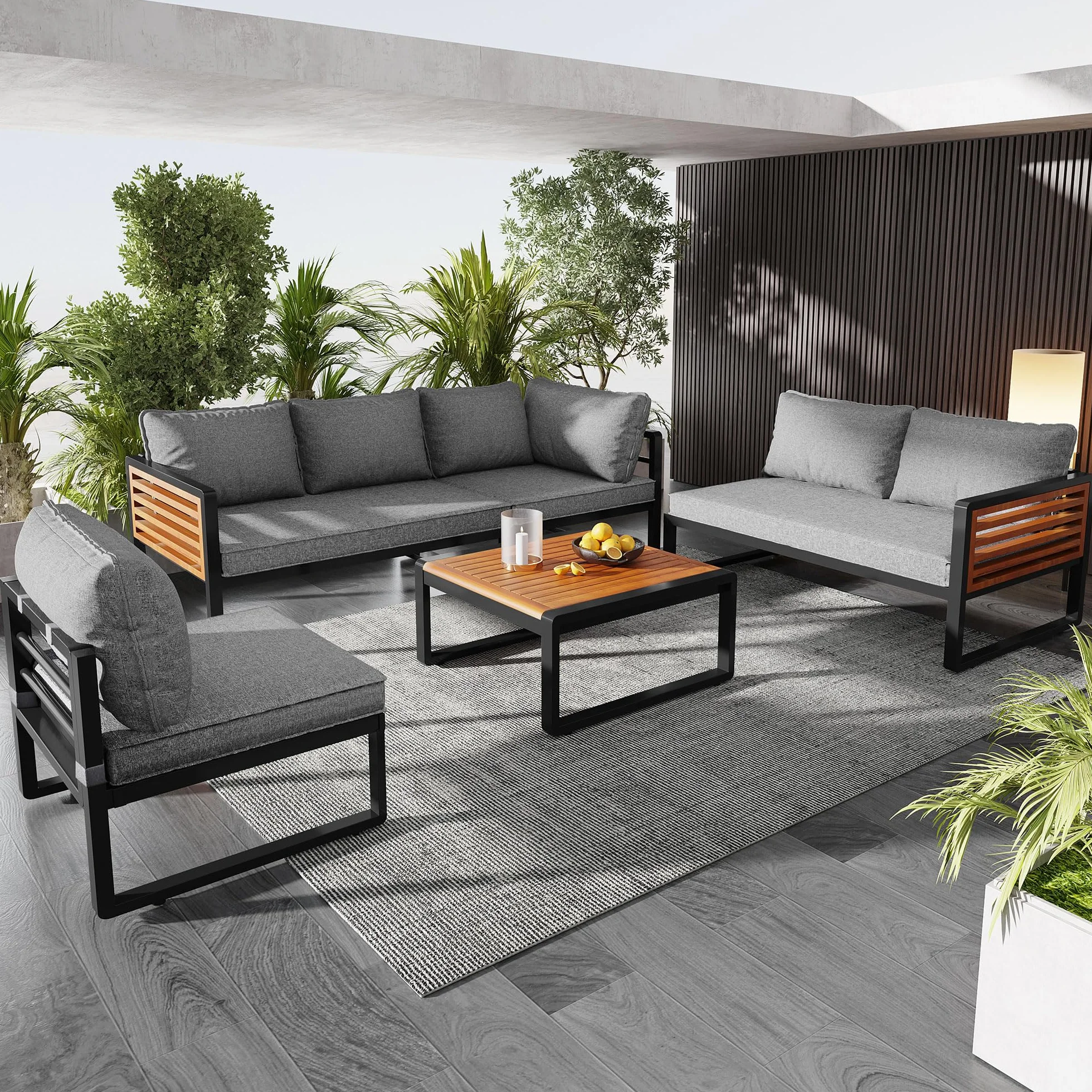 Ensemble Salon de Jardin Exterieur 5-6 Places, Mobilier de Jardin en Métal avec Structure en Fer Zinc et Accoudoirs en Bois, Canapé d'angle Modulable, Table Basse en Bois Massif