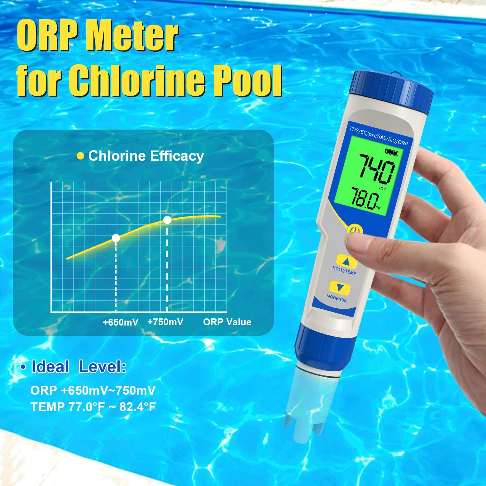 Compteur de sel numérique pour piscine, Phmètre étanche IP67 avec ATC, 7 en 1 /TDS/EC/Salinité PH Testeur, Compteur de Salinité PH pour Test de dureté de l'eau Aquarium, Eau potable