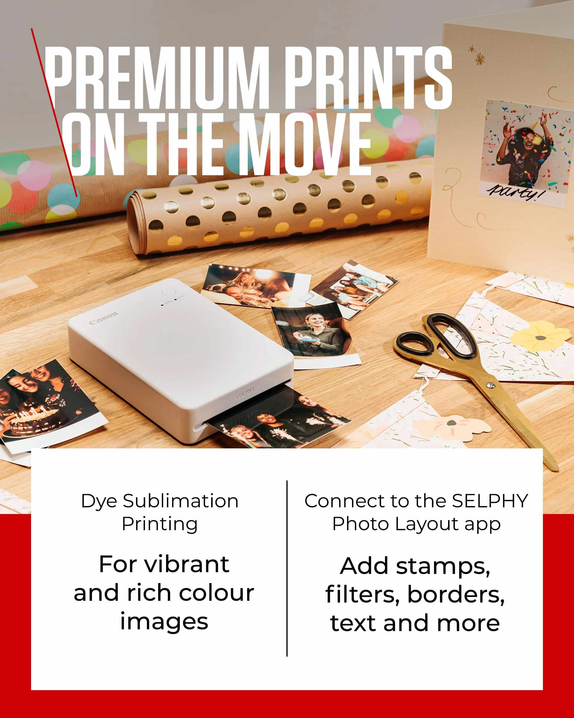 Canon Imprimante portable SELPHY QX20 Wi-Fi sublimation thermique 2 tailles tirages autocollants USB-C Rouge