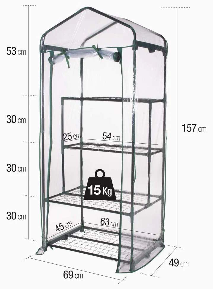 VERDELOOK - Serre avec 2+2 étagères et toile PVC transparente avec ouverture à charnière, 69x49x157 cm, serre de jardin et de balcon, pour la protection des plantes, pour le jardinage, métal peint
