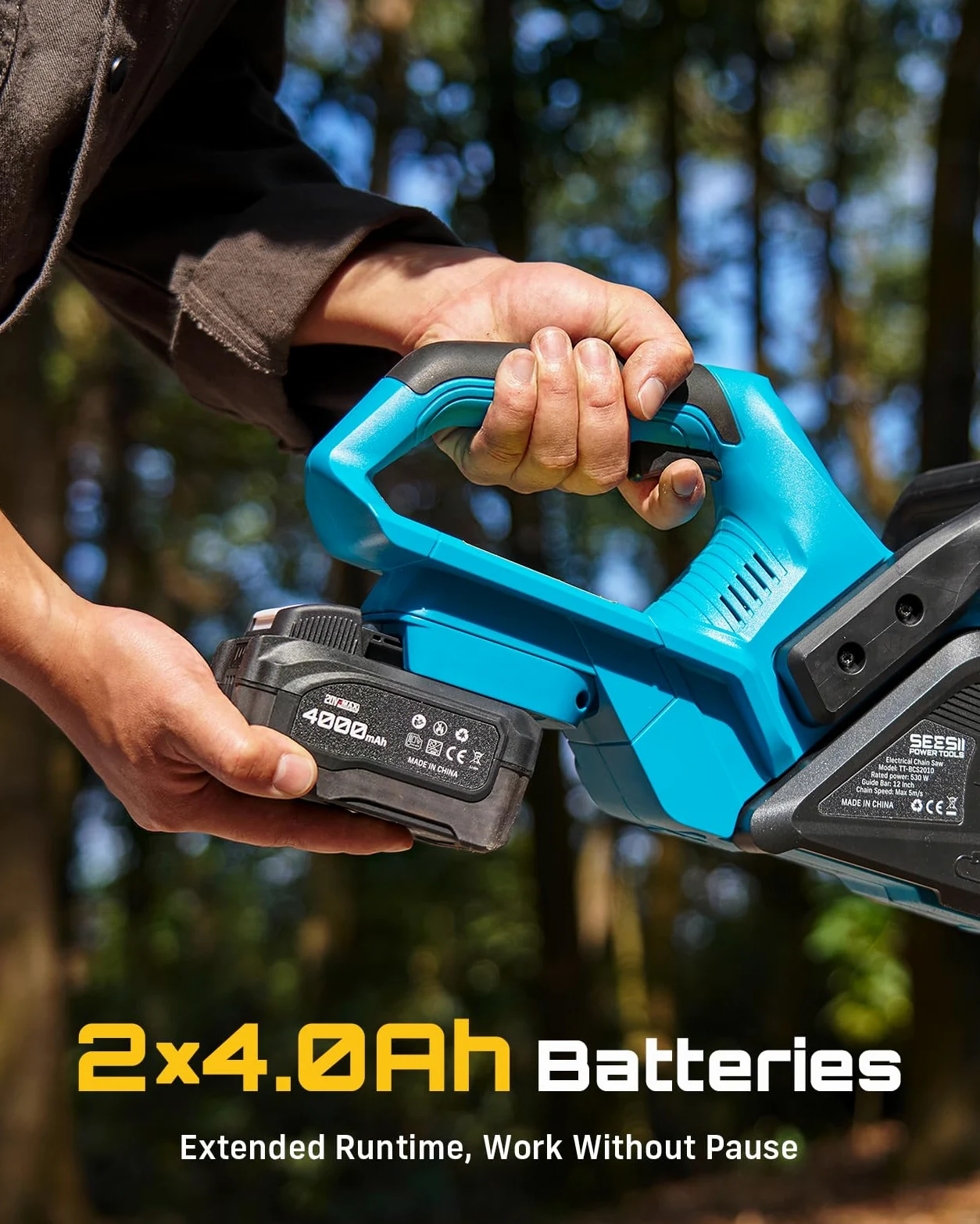 SEESII Tronçonneuse électrique sans fil de 30,5 cm, scie à chaîne portable avec 2 batteries de 4,0 Ah, scie à arbre avec tension de chaîne sans outil, huilage automatique pour coupe du bois