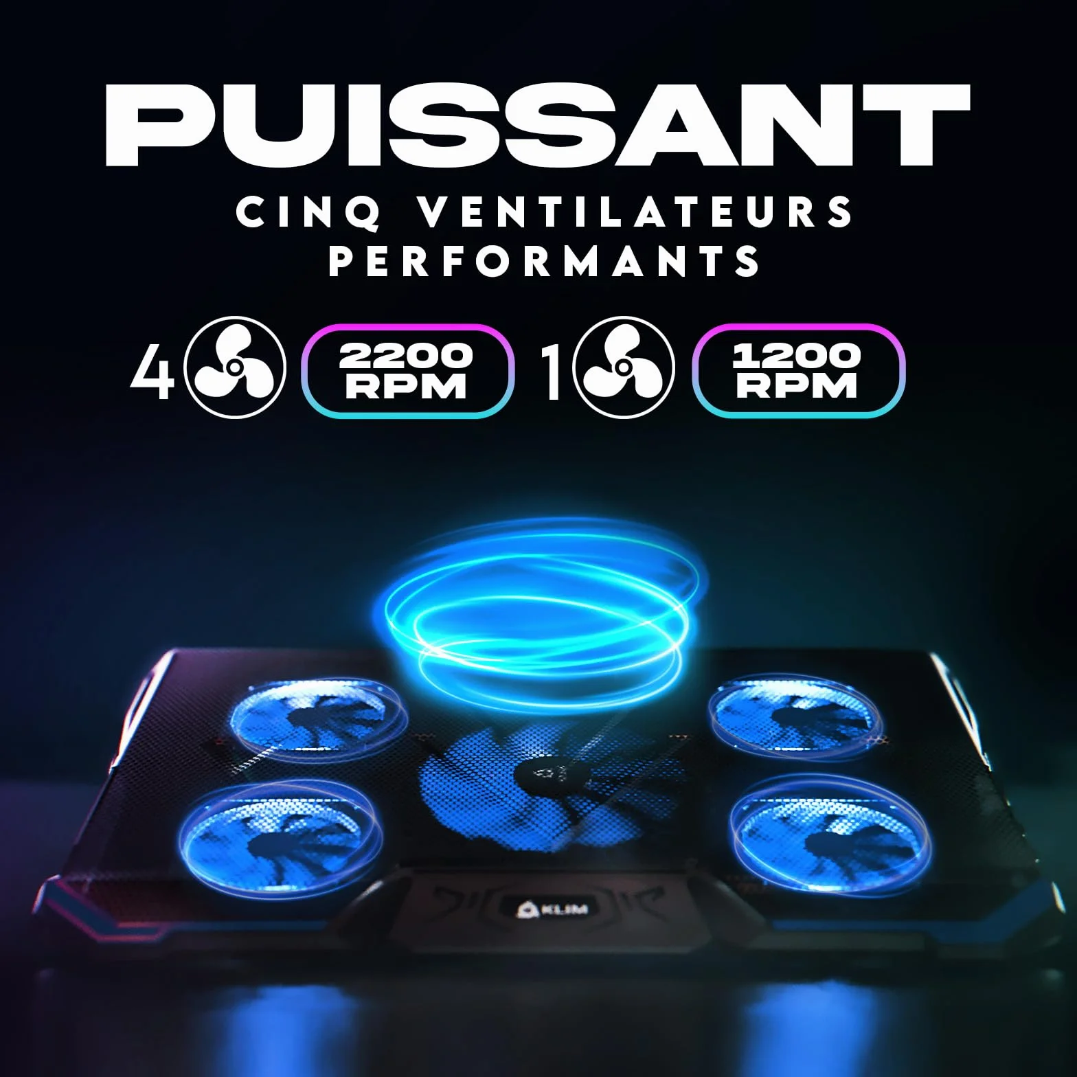 KLIM Cyclone Refroidisseur Ordinateur Portable 5 Ventilateurs Silencieux Bleu