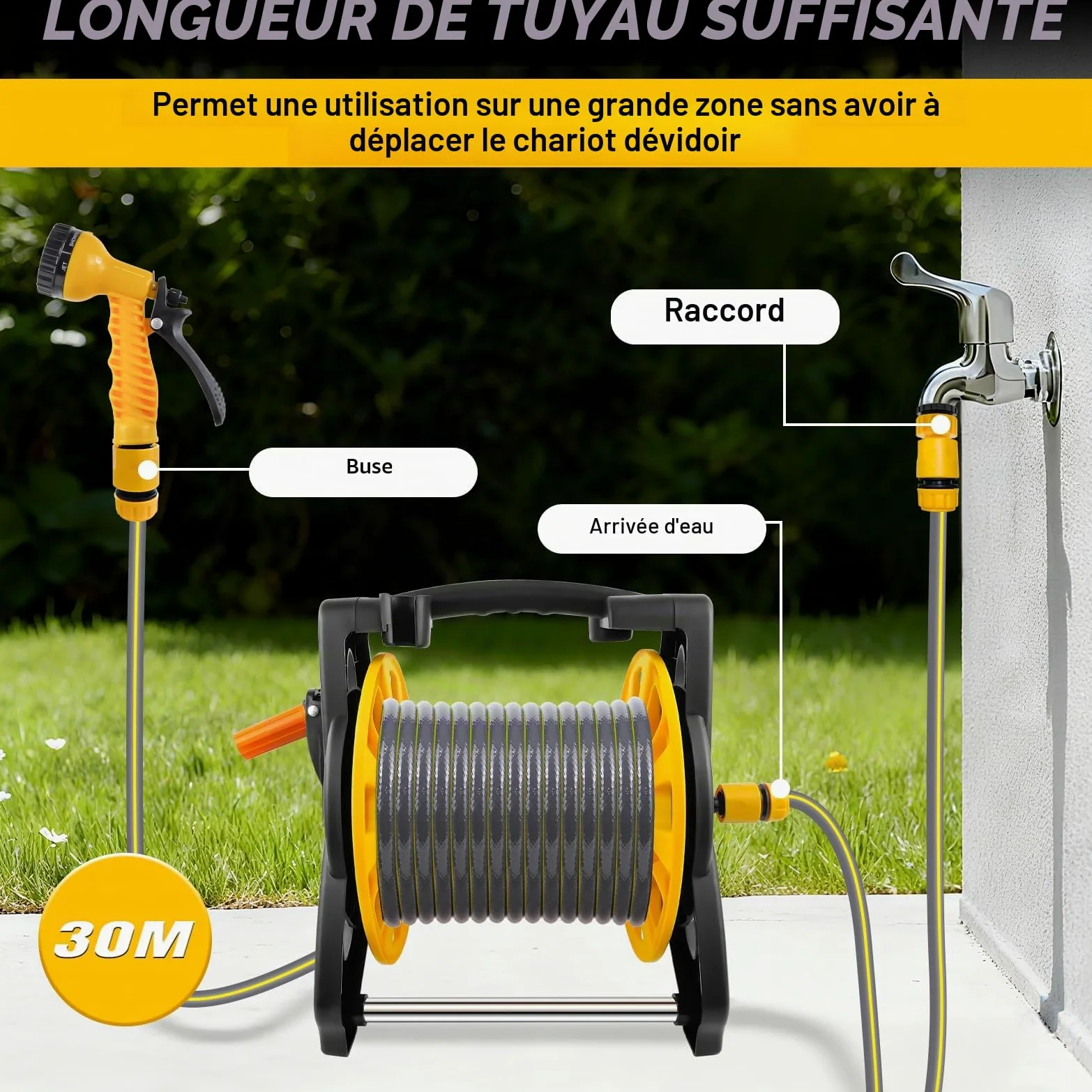 Enrouleur de tuyau d'arrosage, 30 m, pour charges lourdes, 7 modes de pulvérisation, montage mural, résistant aux UV (enrouleur de tuyau + tuyau de 30 m)