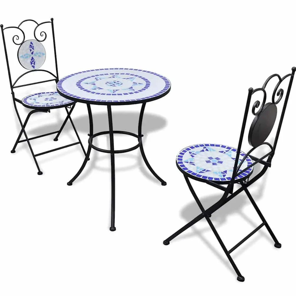 vidaXL Set de Bistro mosaïqué Table 60 cm et 2 chaises Bleu/Blanc de Jardin