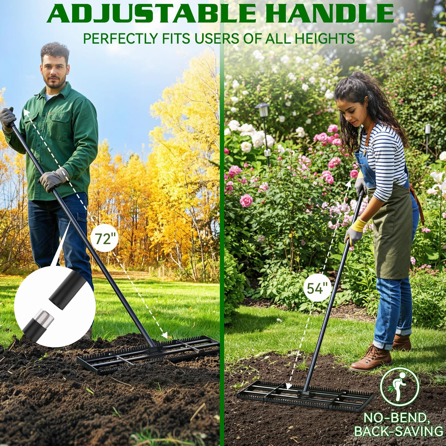 Housolution Râteau Niveleur de Pelouse 32"x10", Manche Réglable 72" | Avec Bord Dentelé & Plaque Lisse, Râteau Niveleur en Acier Inoxydable Résistant, pour Sol/Terre/Compost/Herbe Morte/Gravier