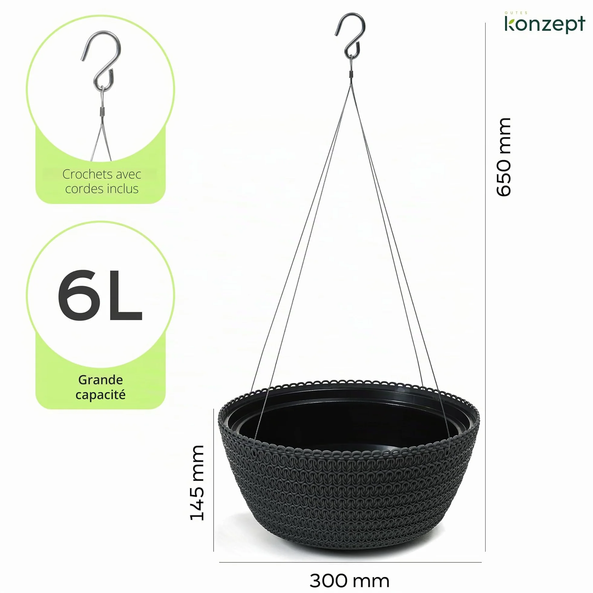 KONZEPT Pot de fleurs suspendu 30 cm Anthracite Motif tressé