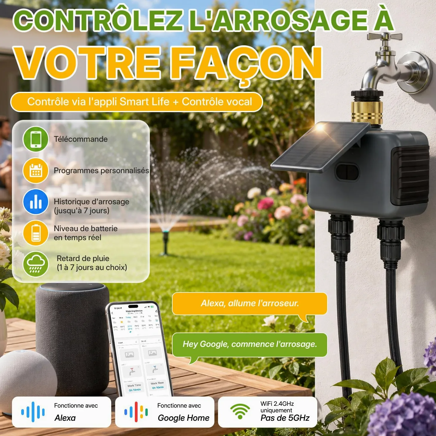 Mcbazel Programmateur d’Arrosage Automatique WiFi à 2 Sorties pour Jardin et Pelouse, avec Panneau Solaire Rechargeable, Conception Étanche IP55, Compatible Application Smart Life et Assistants Vocaux