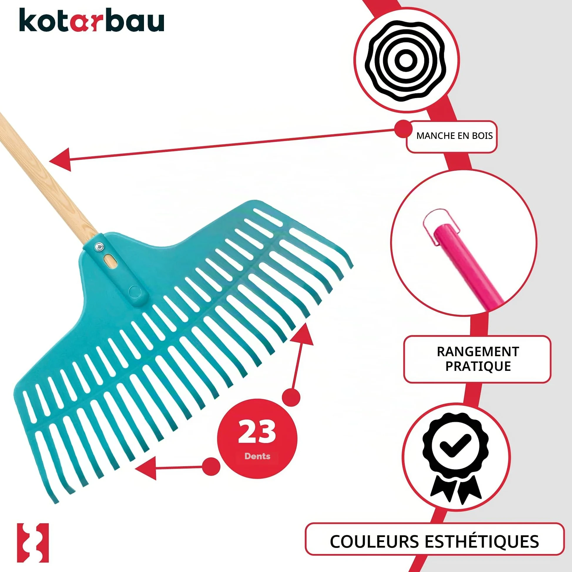 KOTARBAU® Rateau a Feuille - Plastique - 46 cm - avec Manche en Bois - 23 Dents - Rateau Jardin - Ramasse Feuille - Balai Gazon - Turquoise