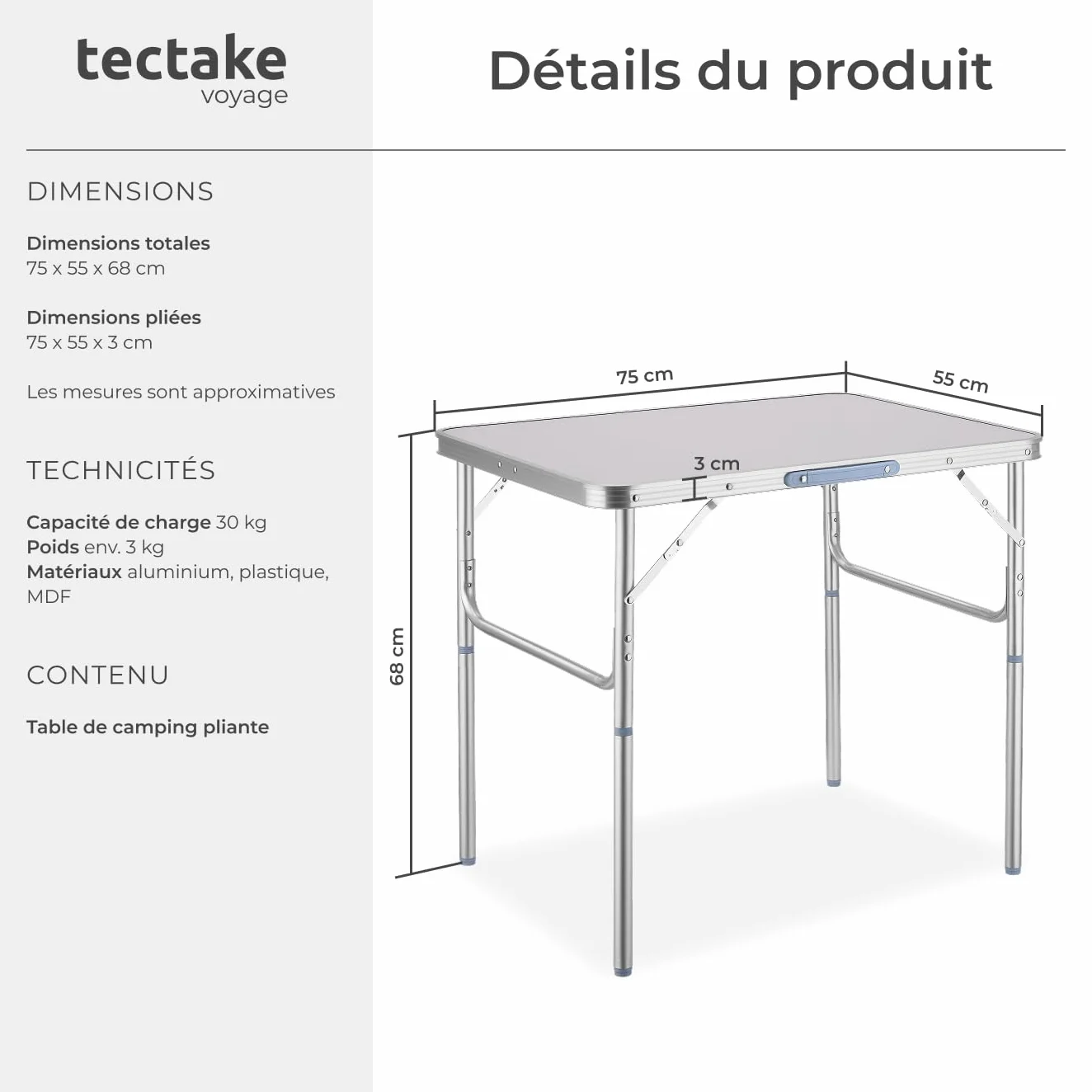 Tectake Table Pliante de Pique Nique Camping Aluminium Léger Compact Hauteur Réglable 75x55x68 cm