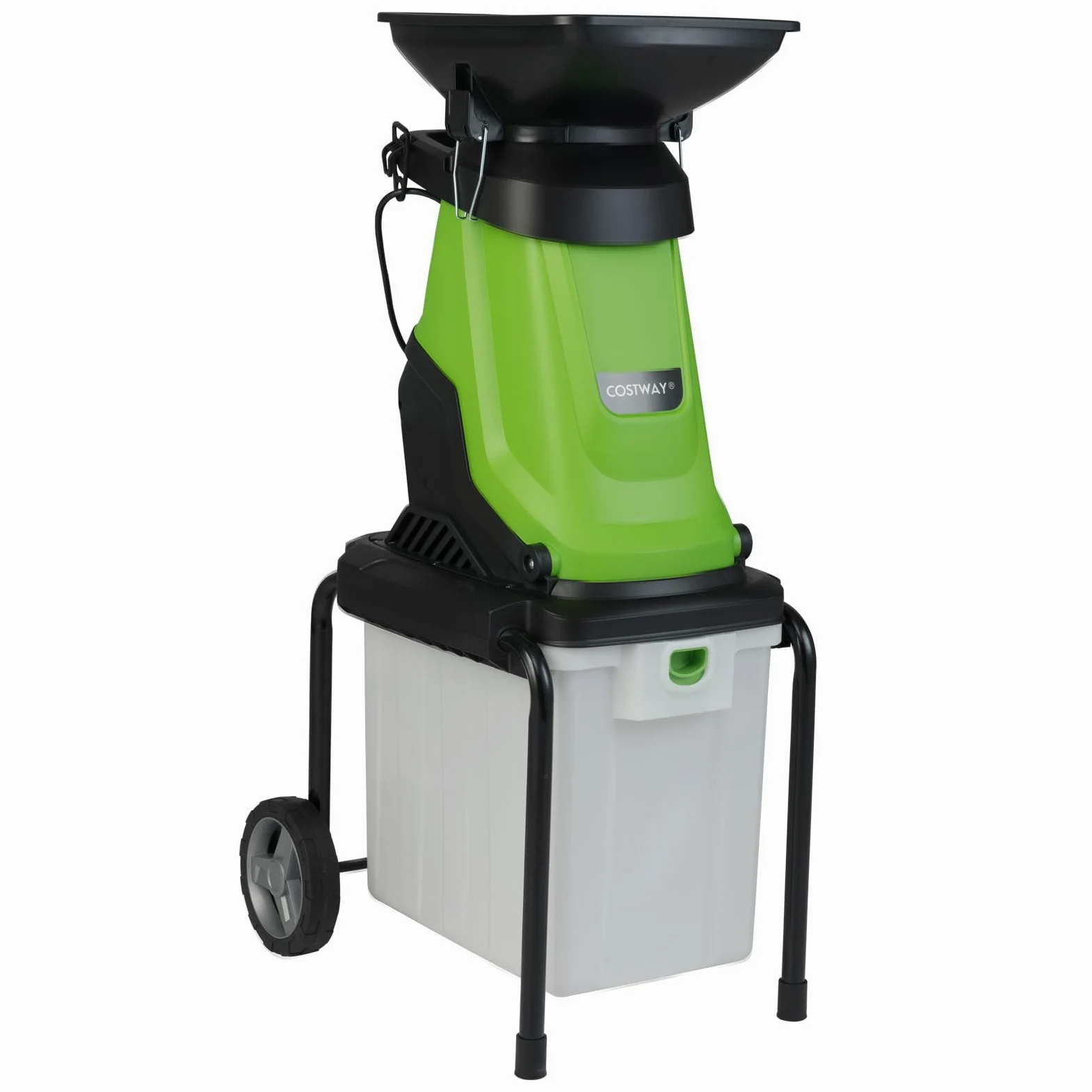 FANTASK Broyeur de jardin électrique 3000 W - 55 x 44 x 106 cm - Broyeur de jardin avec roues - Bac de ramassage de 50 l - Épaisseur de coupe 45 mm - Avec fil - Broyeur à rouleaux électrique pour le