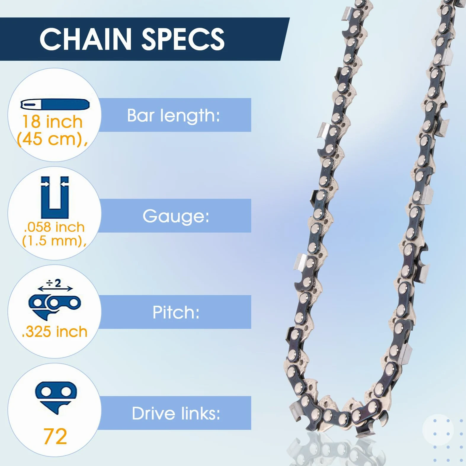 Chaîne de tronçonneuse de 45,7 cm pour Husqvarna 45,50,346,351,435,435E, 440E, 445,445E, 550XP, 346XP, 359, 55, Oregon J72, Hyundai HYC4618 Pas de 0,825,5 cm 0,058" (1,5 mm) Gauge Barre 45 cm