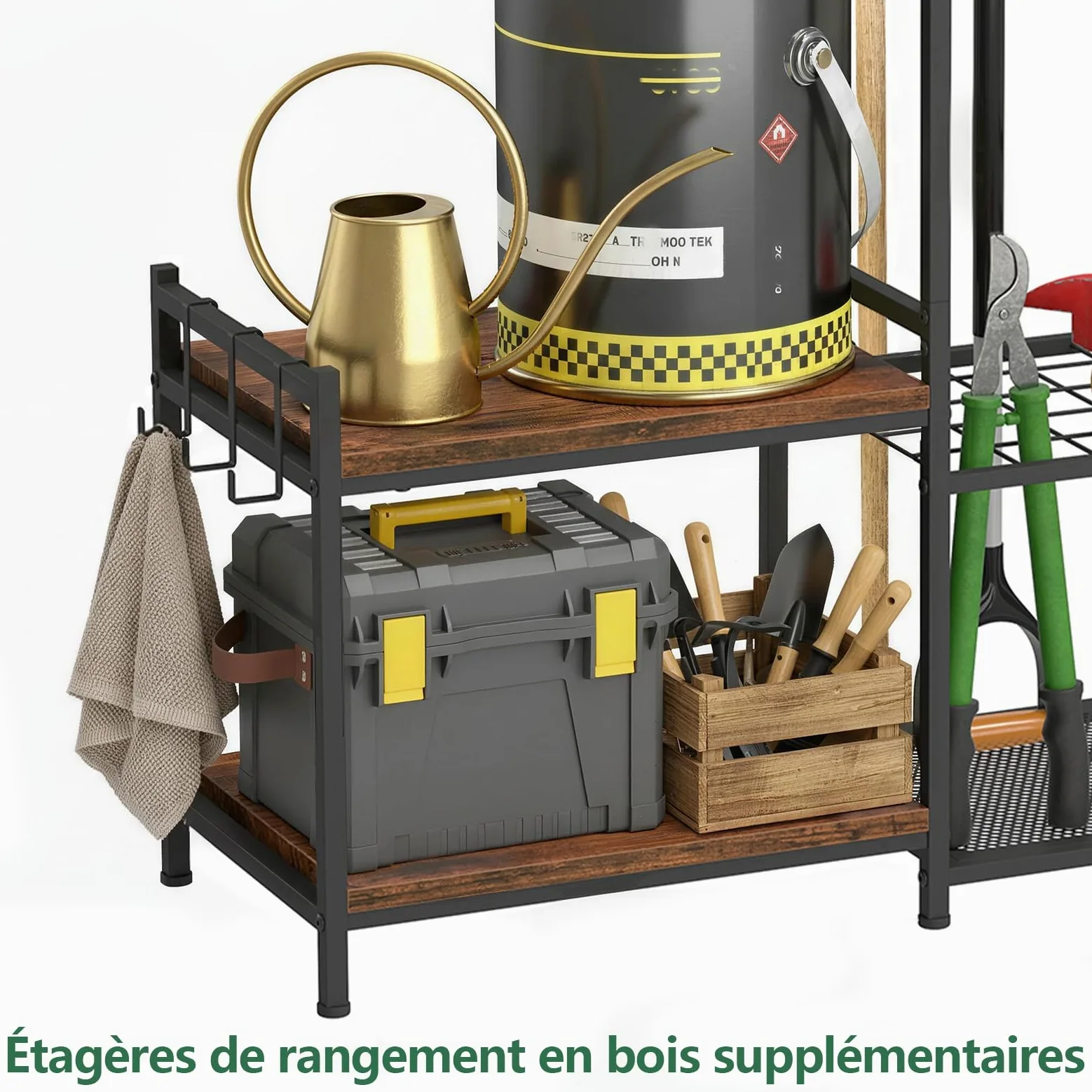 uyoyous Range outils de Jardin étagère à outils à 3 niveaux avec 6 crochets | organiseur d'outils de jardin pour stockage extérieur rangement grande capacité supprort de garage