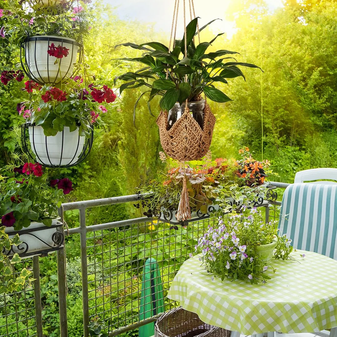Supports de Plantes en Corde de Jute Lot de 2 avec Crochets - Support de Pot de Fleurs en Macramé