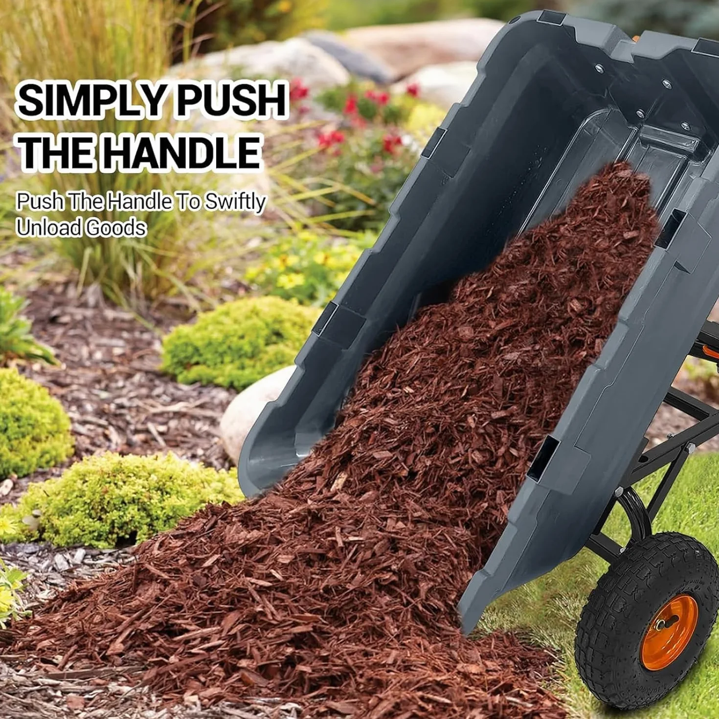 Brouette de jardin de 800 lbs avec fonction basculante, 4 roues avec pneus pneumatiques de 10", bac en polypropylène, poignée réglable en hauteur, inclinable, pour jardin, cour, transport, bois, terre