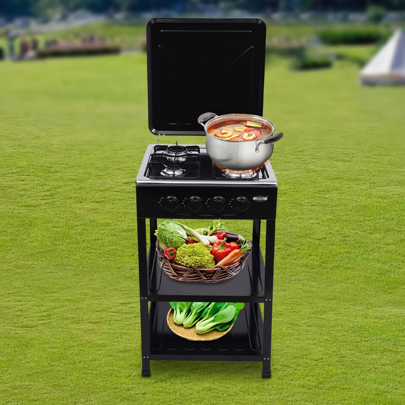 Cuisinière à gaz 4 flammes extérieur acier inoxydable portable noir avec couvercle