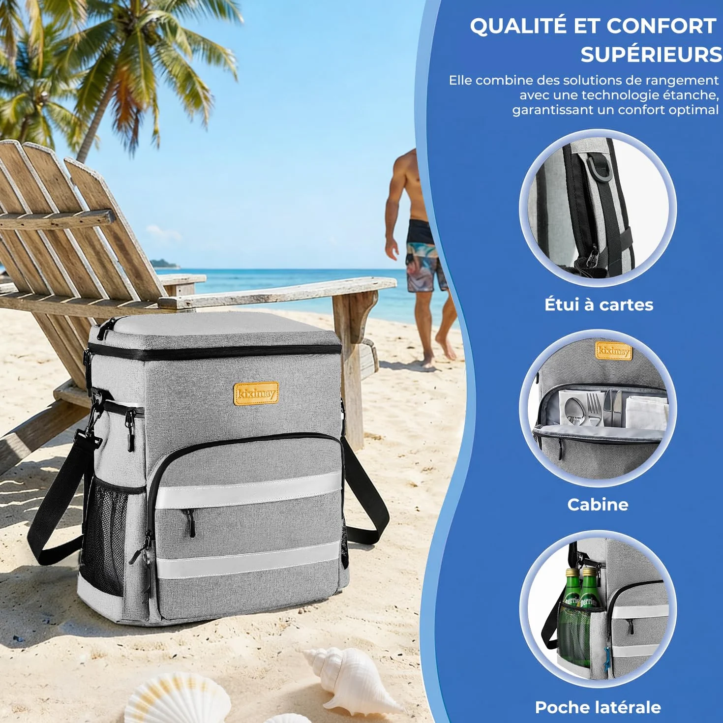 Sac à Dos Isotherme 30L Pliable - Grand Capacité, Maintient au Frais 24H, Léger et Imperméable pour Pique-Nique, Plage, Voyage, Pêche, Barbecue, Gris