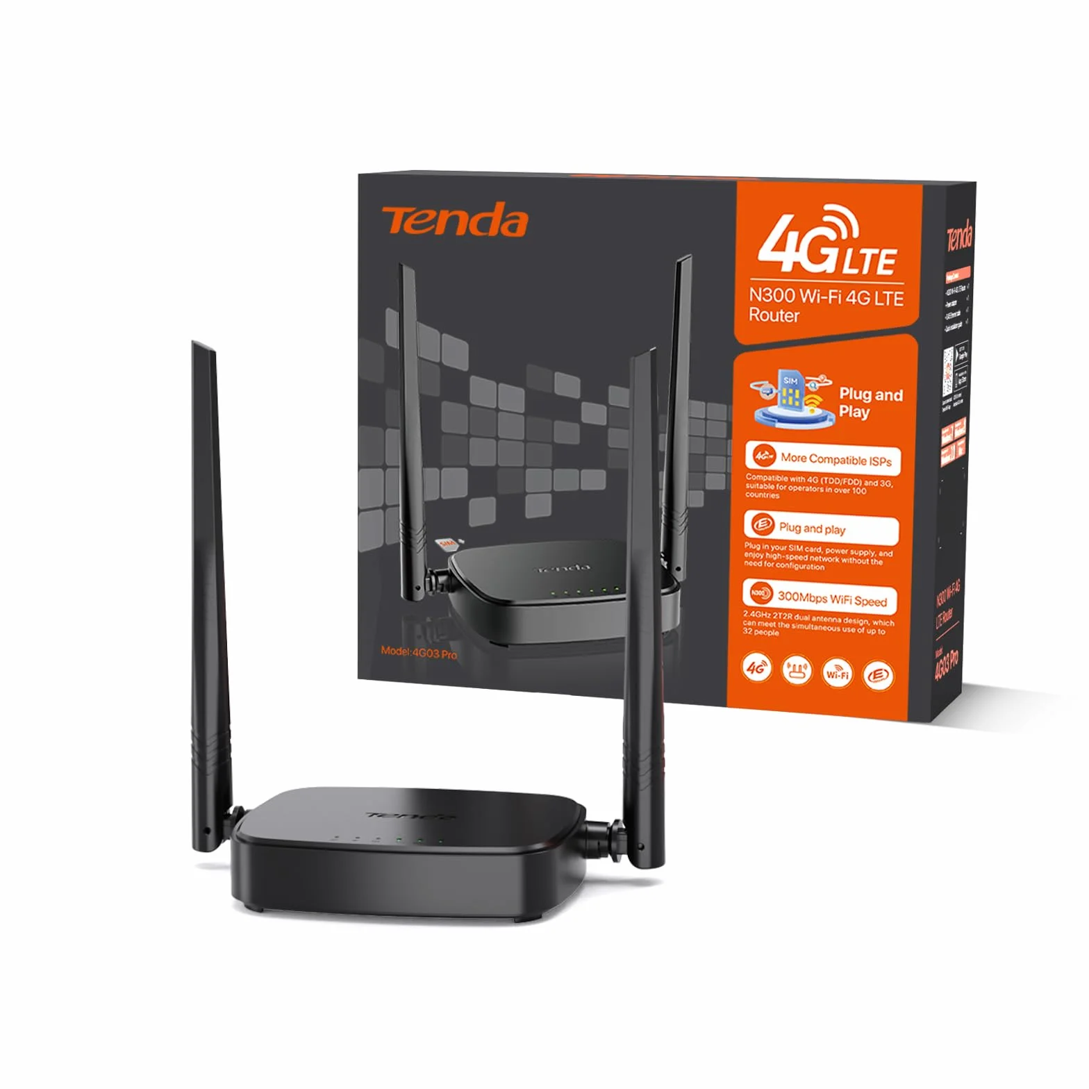 Tenda Box 4G Routeur SIM LTE 150 Mbps 2.4GHz 300 Mbps CAT4 2 Antennes Externe Fast Ethernet LAN/WAN 4G03 Pro
