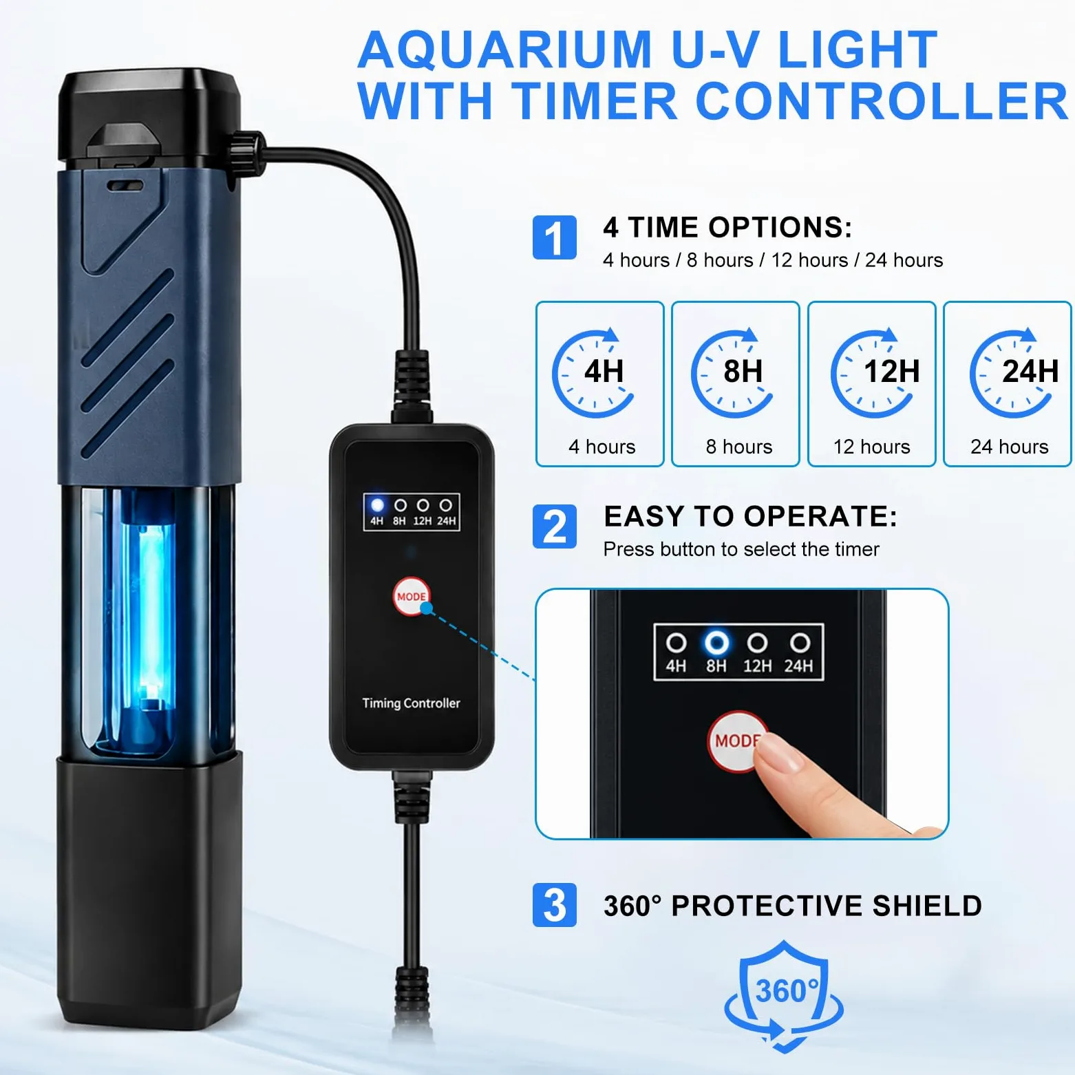 EXLECO 10W UV Stérilisateur pour Aquarium, Clarificateur à Glissière | avec 4 Niveaux de Minuterie, Usage Aquatique et Terrestre, pour Aquariums de 100 à 180 cm, Contrôle des Algues, UVF-1010