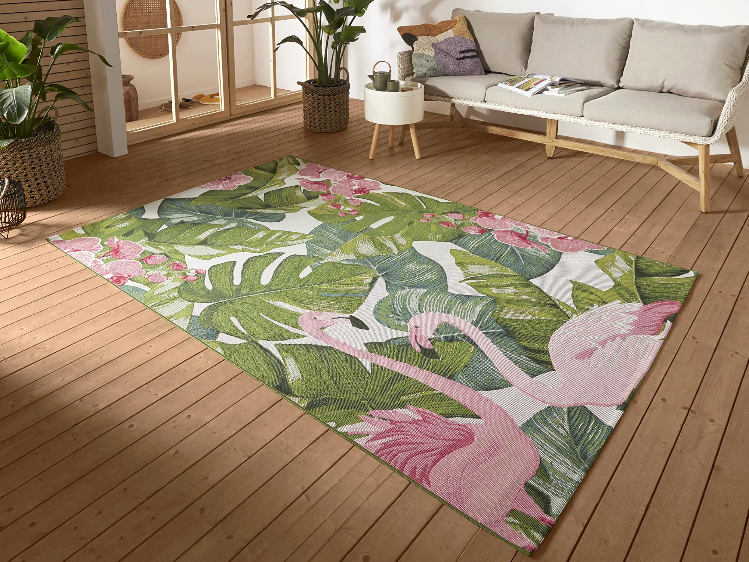 HANSE Home Tropical Flamingo Tapis d'intérieur et d'extérieur tissé à Plat Motif Palmiers tropicaux - Certifié Öko-Tex - Résistant aux intempéries et aux UV - pour Balcon, terrasse, Jardin, Salon -