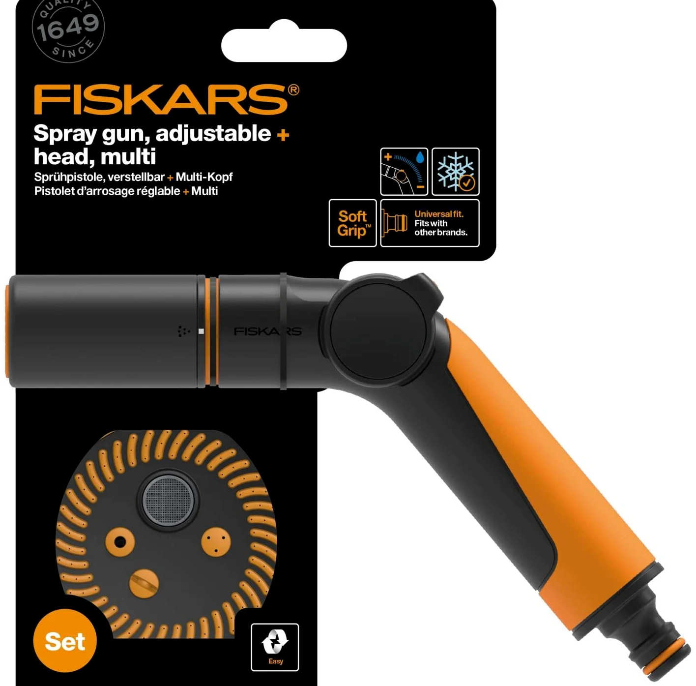 Fiskars Kit d'Arrosage, 2 Pièces, Pistolet Pulvérisateur, 2 Fonctions | Taille Universelle, Raccord de Tuyau Stop, Taille Universelle, SoftGrip, Noir/Orange/Bleu, 1065493
