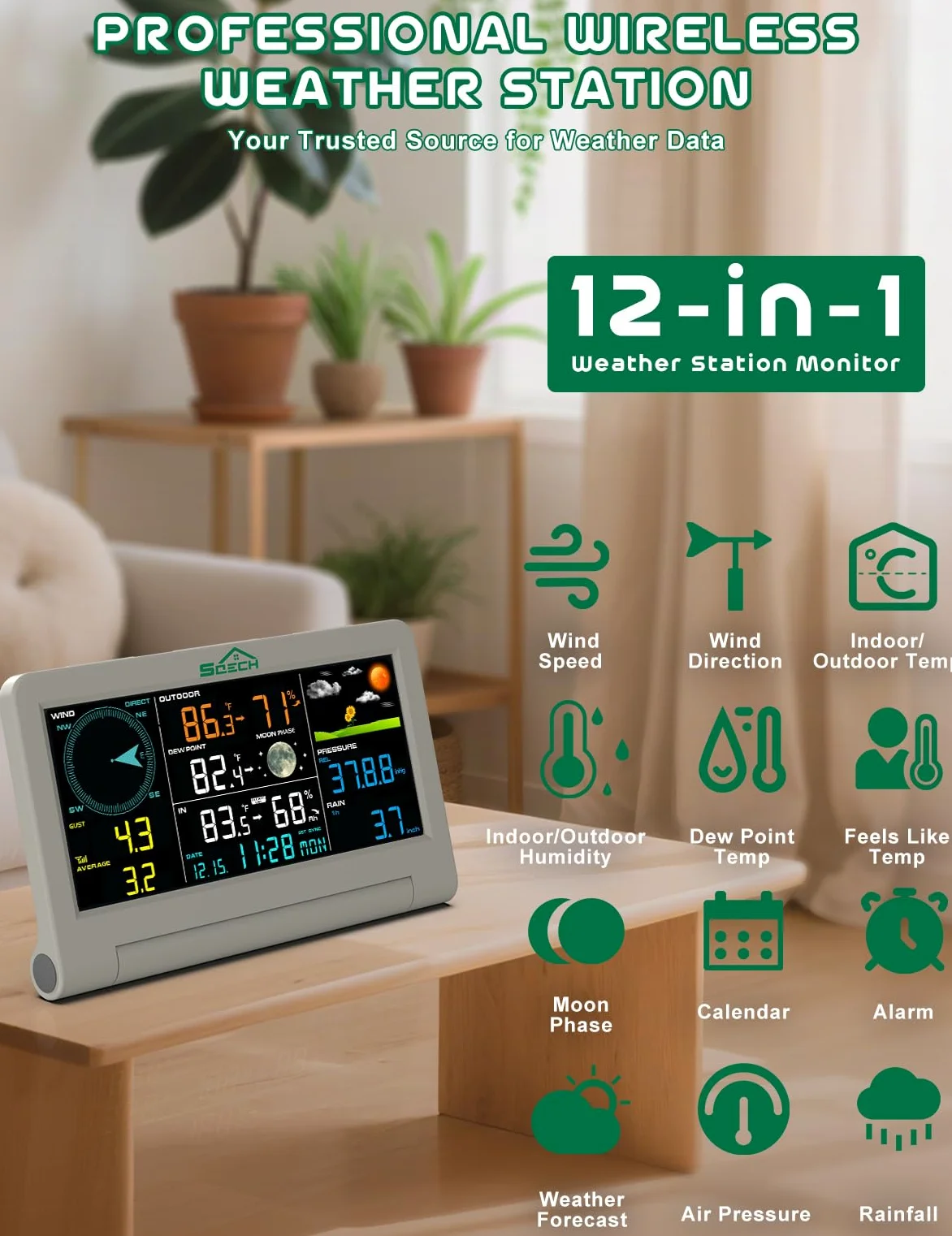 SQECH Station Meteo Interieur Exterieur Sans Fil Avec Capteur 7 en 1 | Stations Météo Professionnelle Avec Prévisions Météorologiques, Température, Humidité, Pluviomètre, Vent