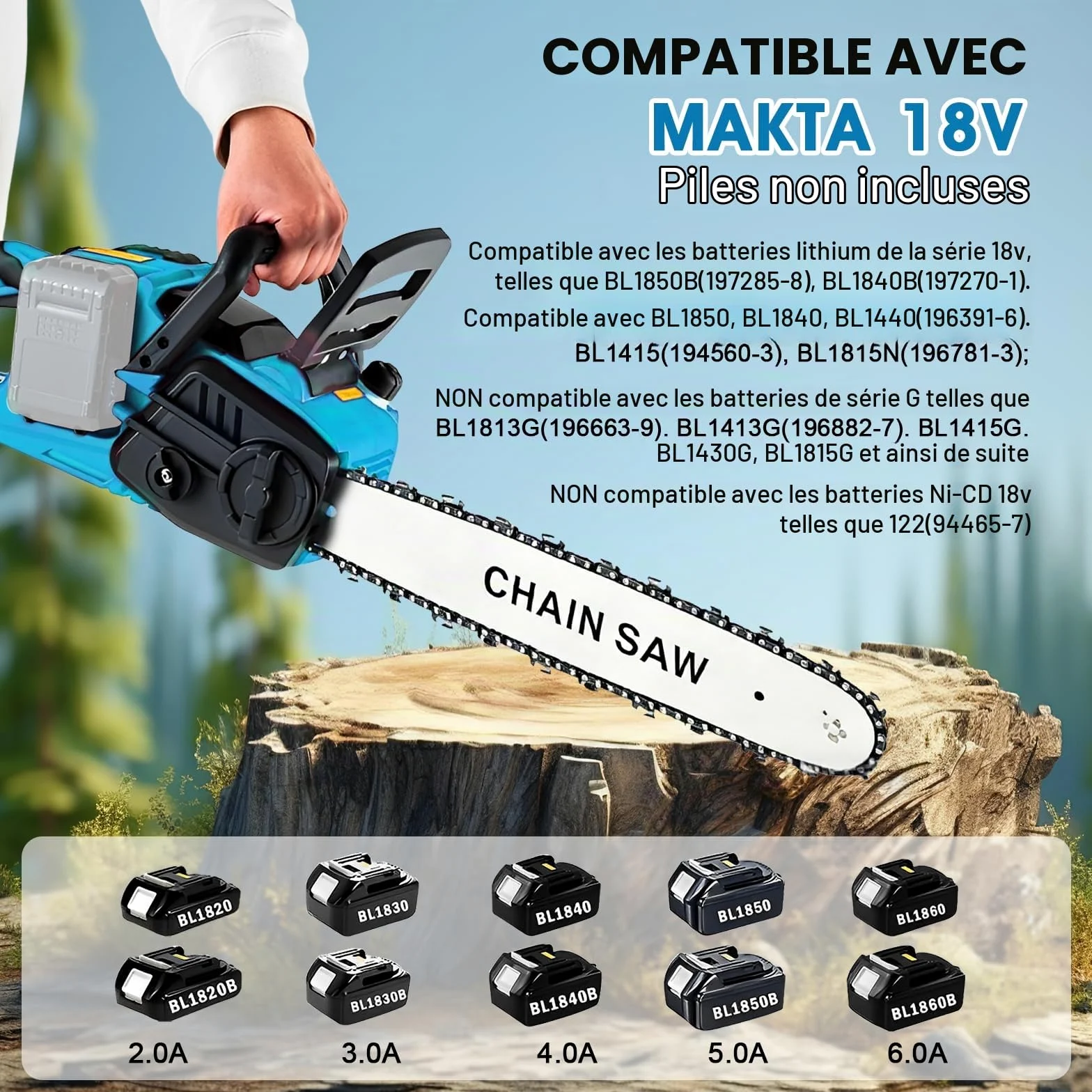 Tronçonneuse électrique sans fil compatible avec Makita 18 V | 16 Pouces Tronçonneuse Électrique sans Fil, Mini Scie à Chaîne, Tronçonneuse sans fil, tronçonneuses électriques