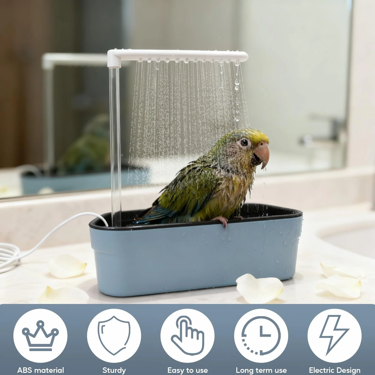 Baignoire pour Oiseaux avec Circulation d'Eau, Bac de Douche Automatique pour Perroquet, Câble USB, pour Perruche Cacatoès