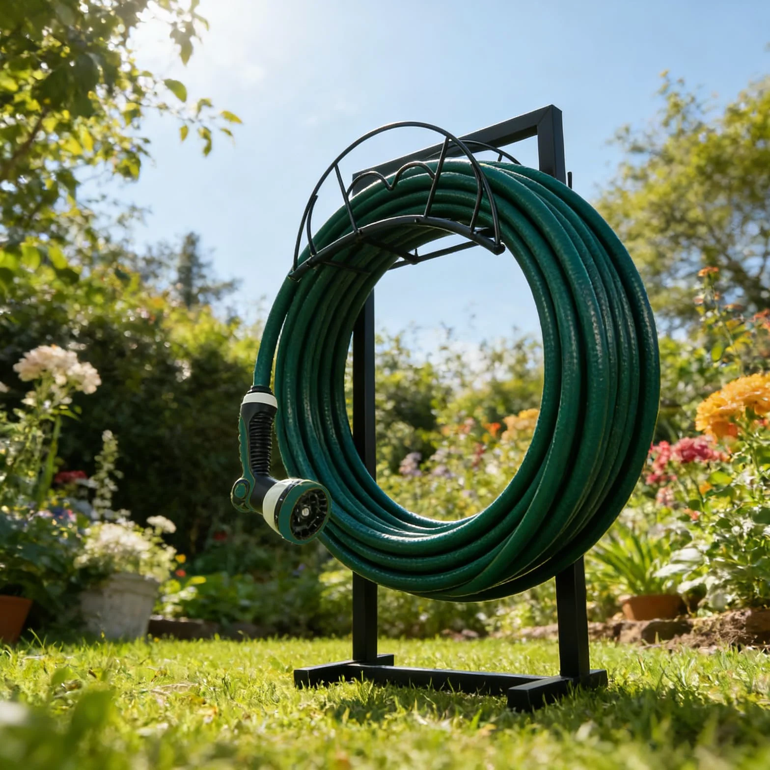 EFUTURETIME Support Tuyau Arrosage en Métal 105cm avec 5 Piquets, Noir | Autonome, Amovible, Robuste et Durable, Contient 50m, pour Cour, Pelouse, Extérieur