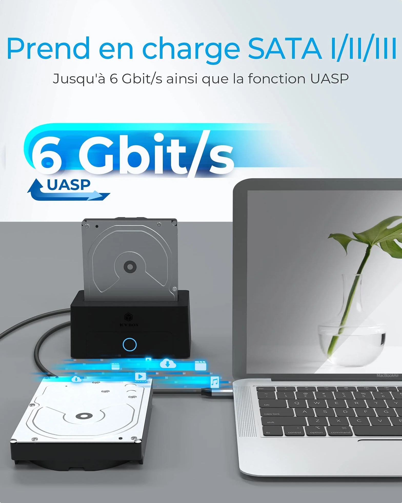 ICY BOX Station d’Accueil USB 3.2 pour SSD Disque Dur 2,5 3,5 Pouces SATA UASP Boitier Interne Externe