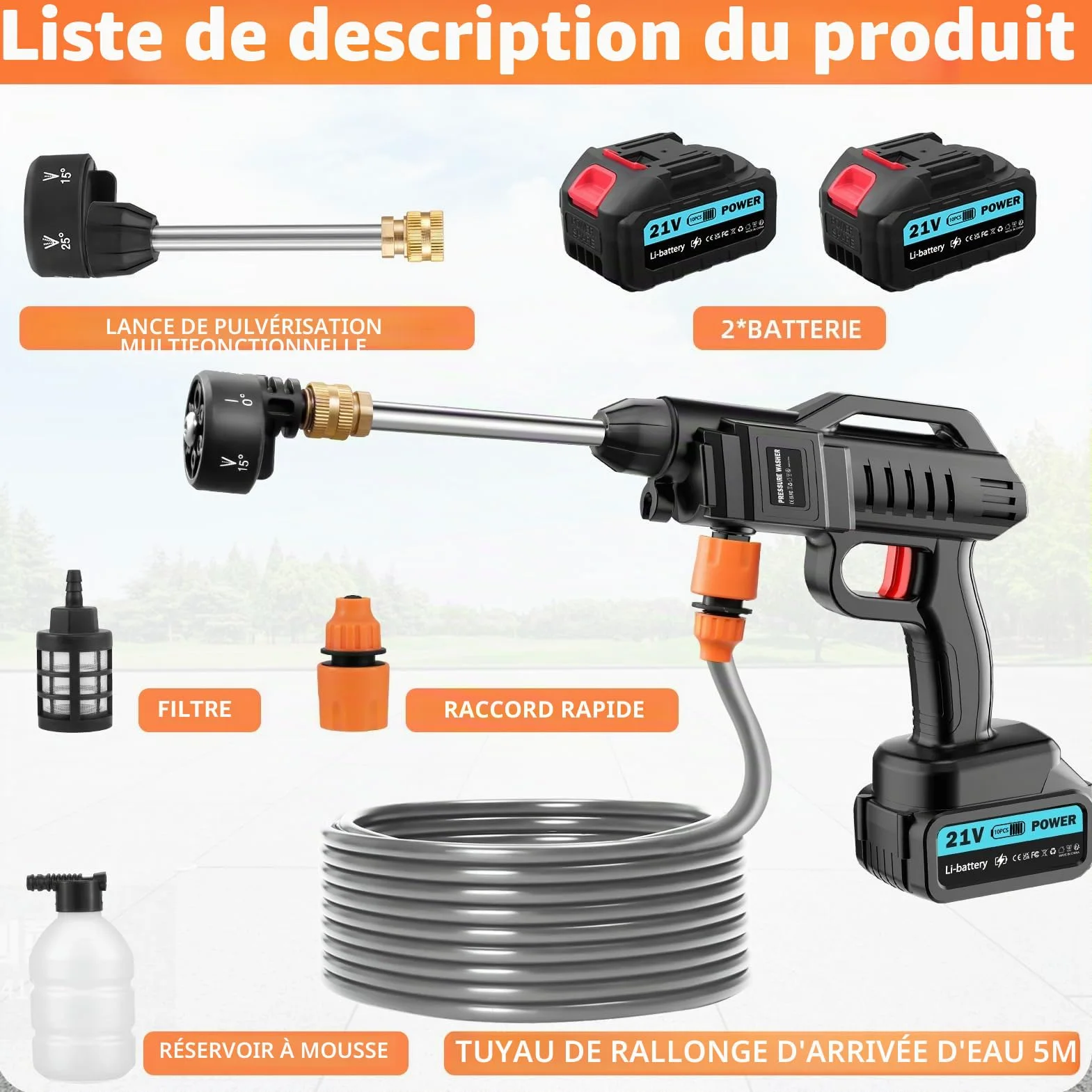 Nettoyeur haute pression sans fil Yelyee, 21 V, 100 bars, portable, avec 2 batteries lithium de 3 000 mAh, buse 6 en 1, tuyau de 5 m, débit de 270 l/h pour voiture, sols, terrasses et fenêtres.