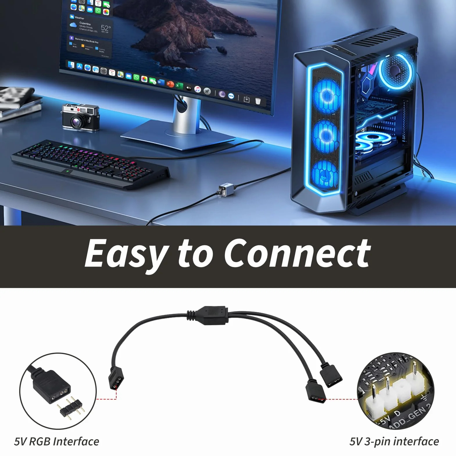 Câbles RGB PC 1 vers 2 Splitter ARGB 3 Pin 5V 30 cm avec Broches Mâles Extension Adressable pour Ventilateurs et Bandes LED