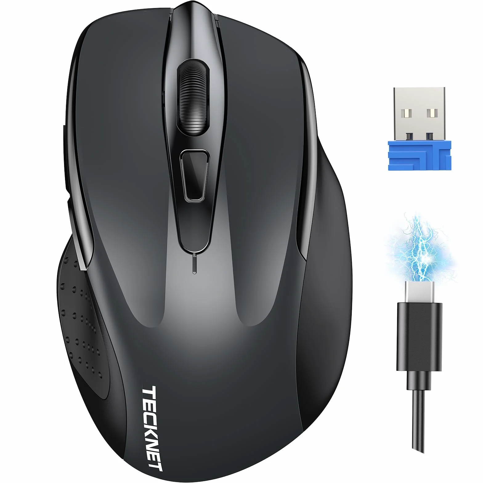TECKNET Souris sans Fil Rechargeable Silencieuse 4800 DPI 6 Boutons Ergonomiques USB 2,4G Gris
