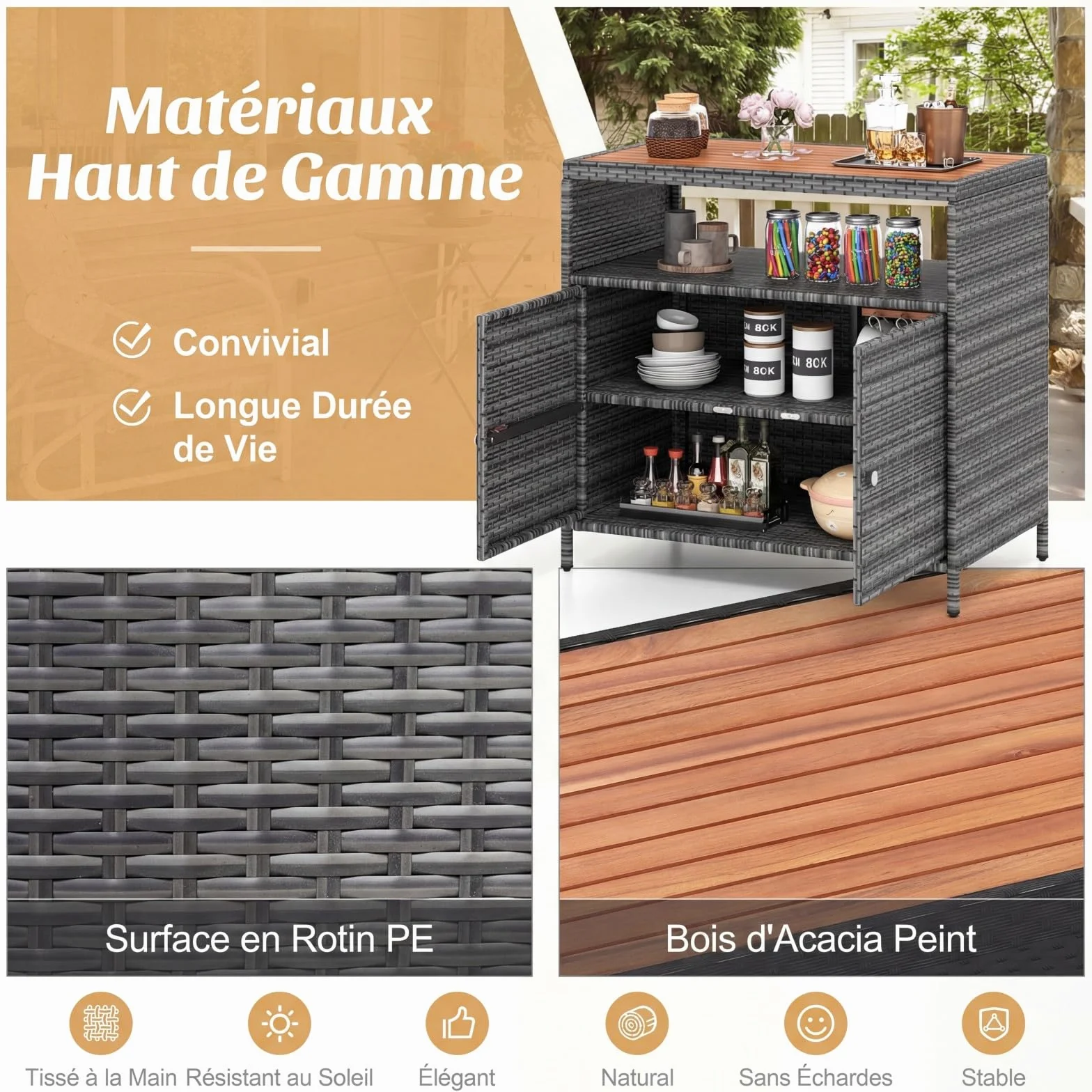 COSTWAY Armoire de Rangement Exterieur en Rotin, Jardin avec Plateau en Bois d'Acacia, Buffet 2 Portes, Gris