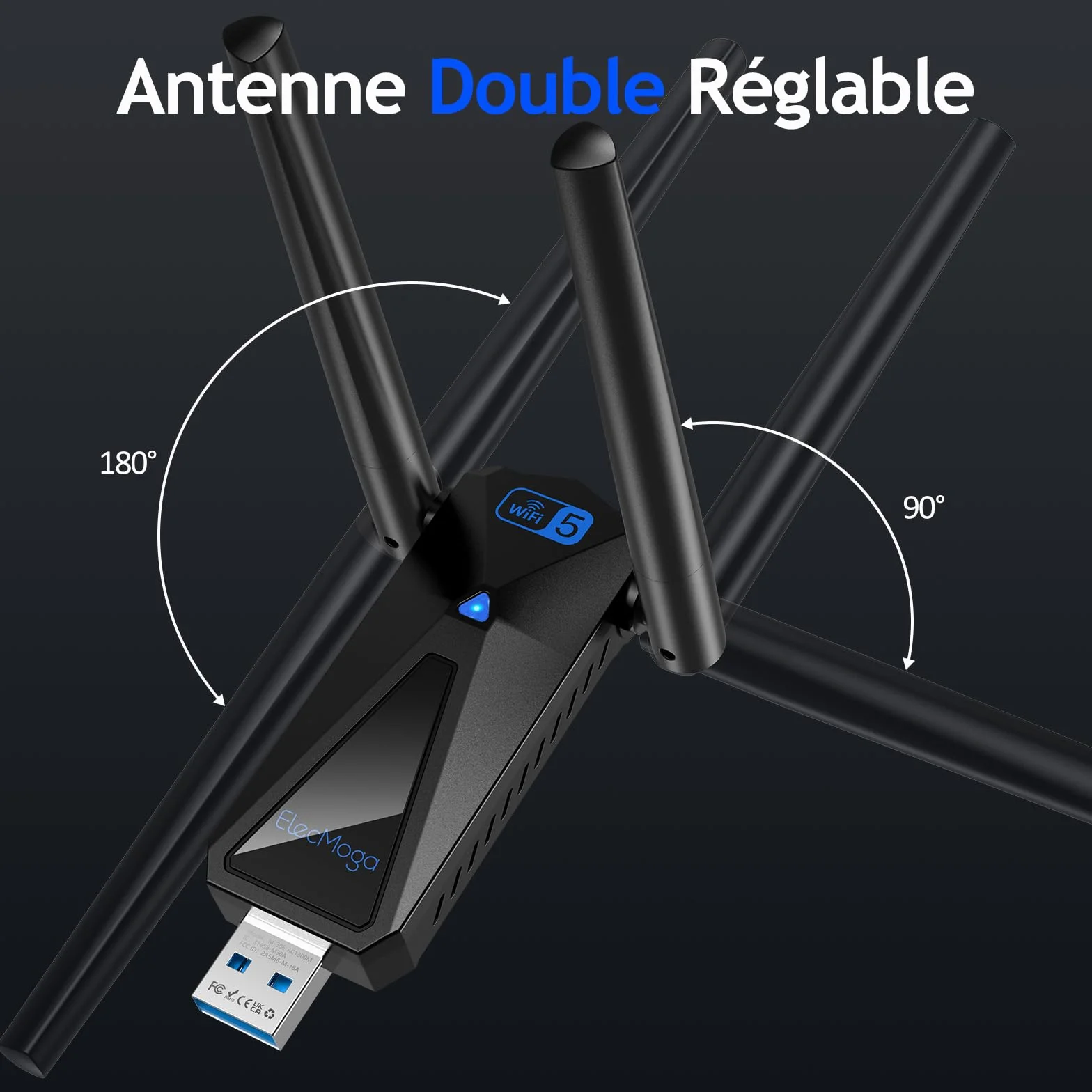 ElecMoga Clé WiFi 1300Mbps USB 3.0 Dual Band 2.4GHz/5GHz Antenne 2x5dBi Compatible Windows 11/10/8/7/Vista/XP Mac Linux