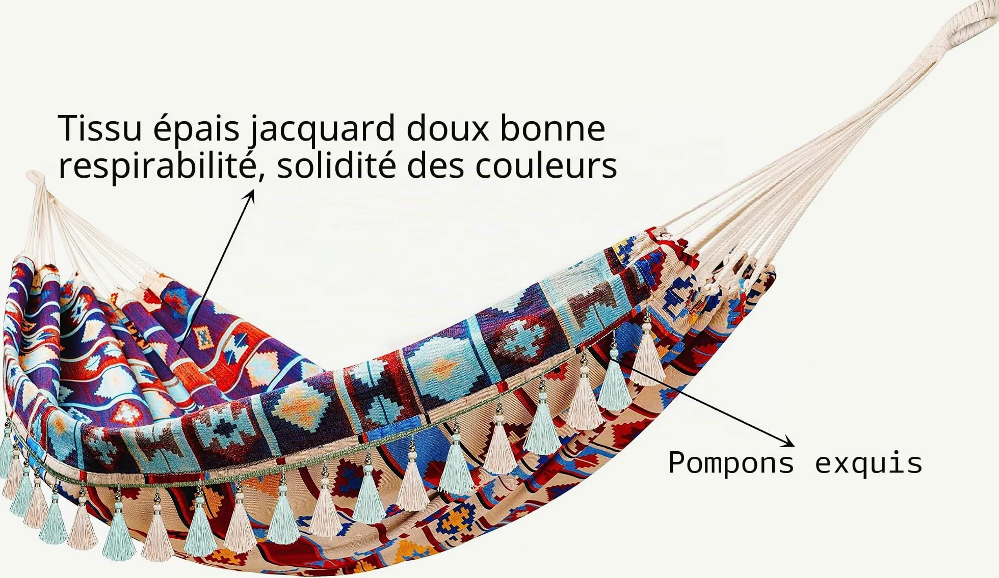 Hamacs de jardin à suspendre en coton double avec franges de style bohème pour adultes, porche, voyage, camping, jacquard rétro, 200 x 150 cm, charge maximale 250 kg | Hamac lit en toile pour chambre à coucher, terrasse, jardin, cour