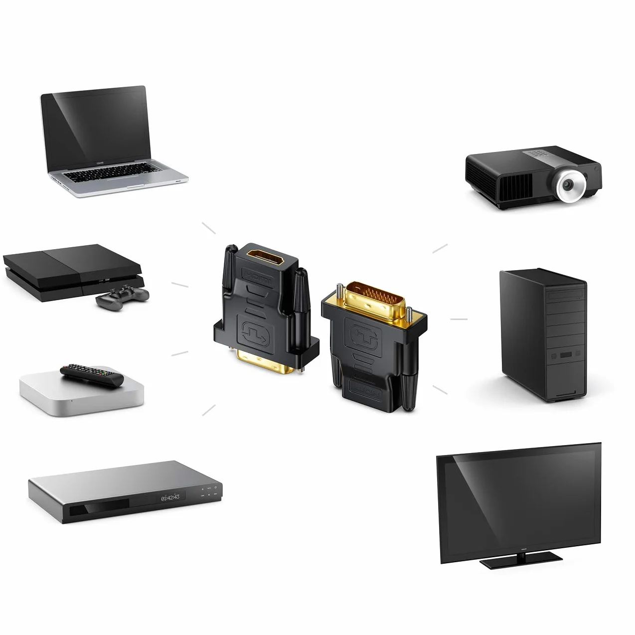 deleyCON Adaptateur HDMI vers DVI Bidirectionnel Convertisseur Femelle vers DVI-D Mâle Plaqué Or 1920x1200 1080p