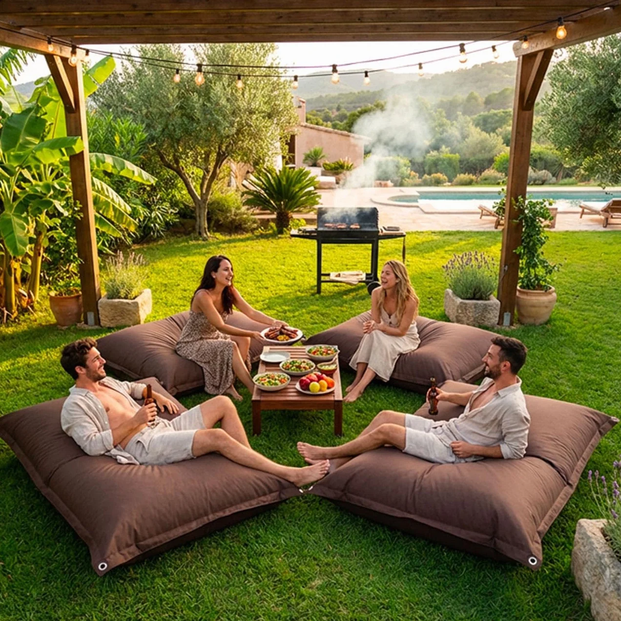 LIVEDECO - Pouf Extérieur, Outdoor, Jardin, Terrasse, Marron Chocolat BiG52 Iron RAW