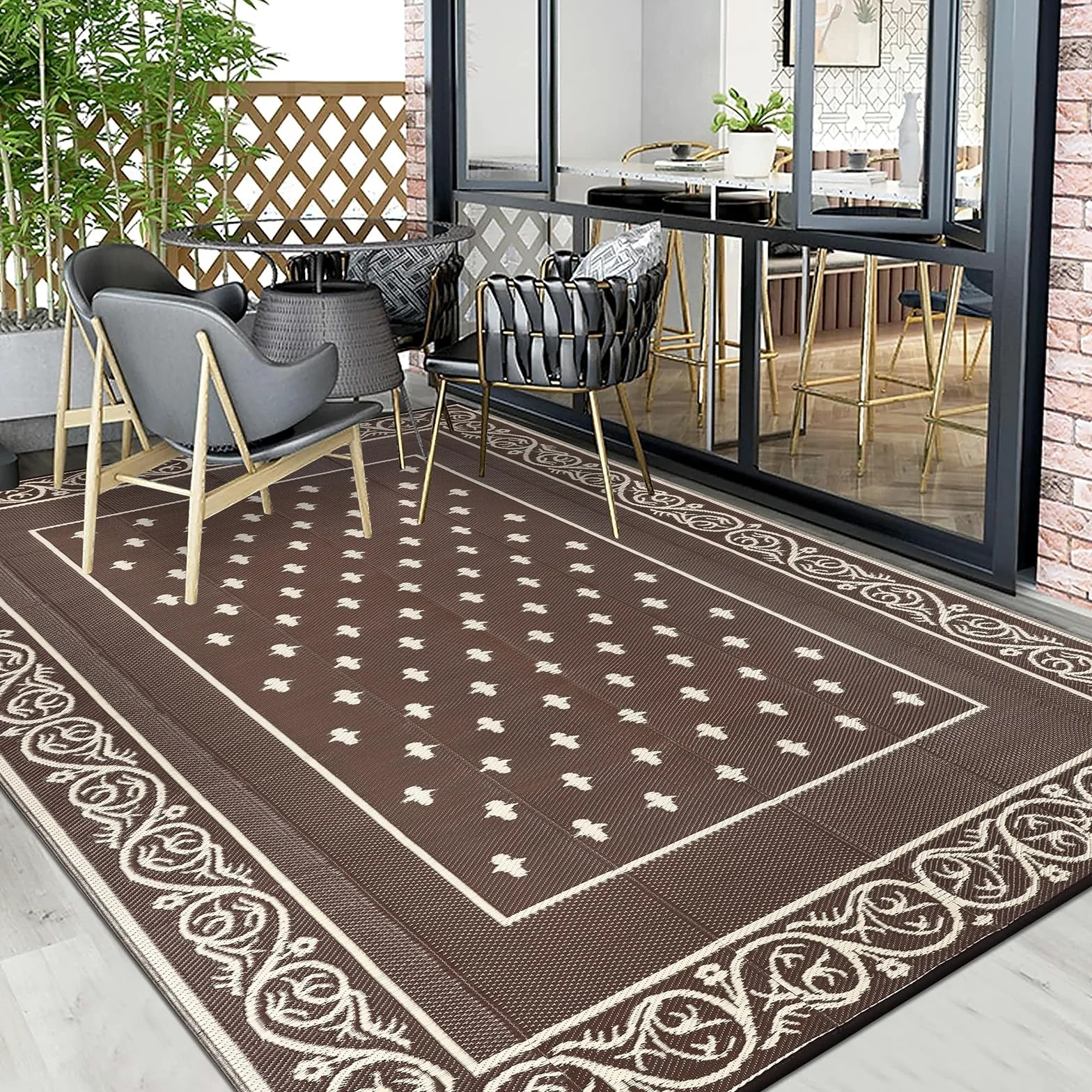 Pauwer Tapis d'extérieur imperméable de 2,4 x 3 m pour patio, tapis réversible avec paille en plastique, tapis d'intérieur et d'extérieur pour camping-car, pique-nique, jardin, terrasse, balcon,