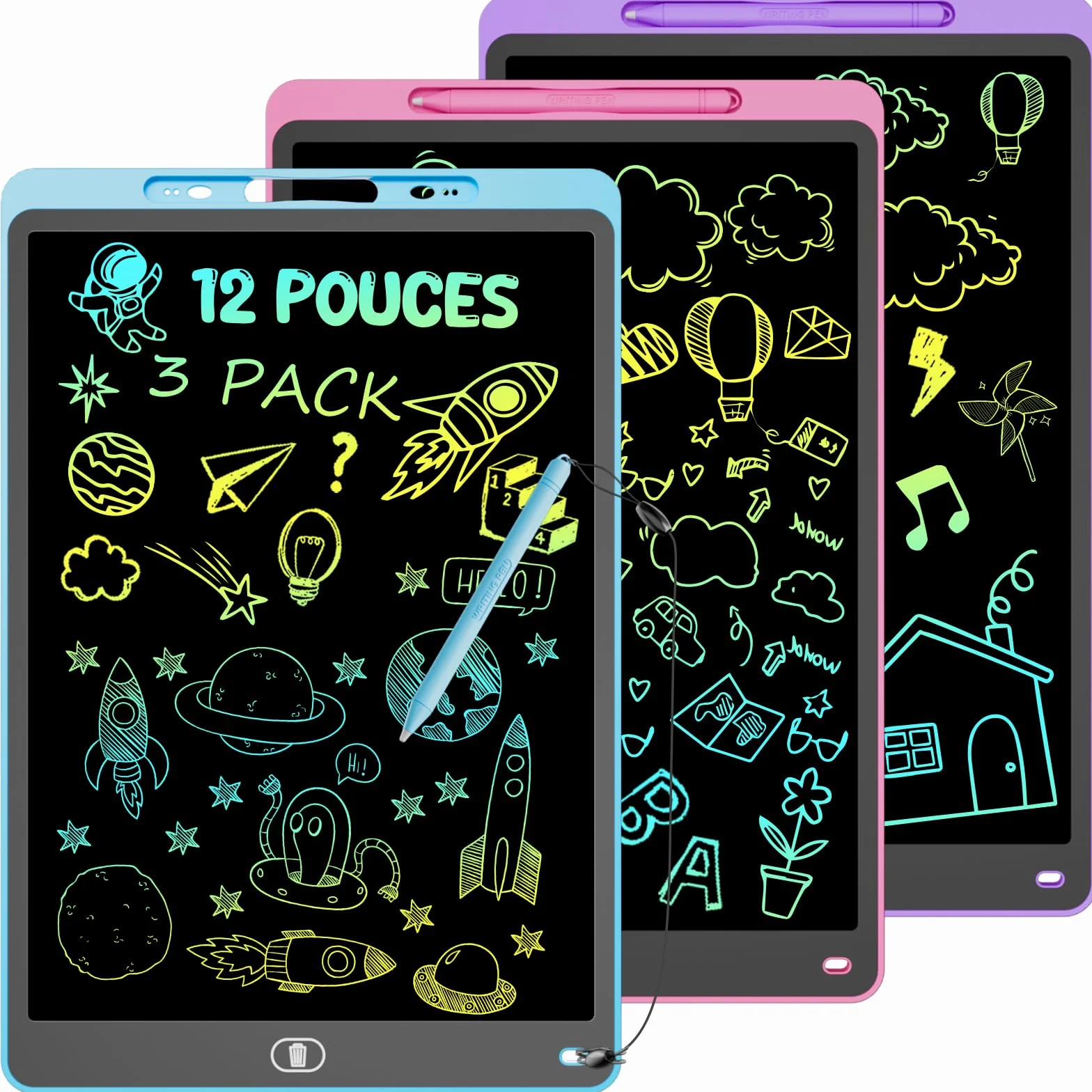 Tablette d'écriture LCD 12 Pouces Lot de 3 - Ardoise Magique Enfant avec Écran Sensible Pression & Couleurs Arc-en-Ciel