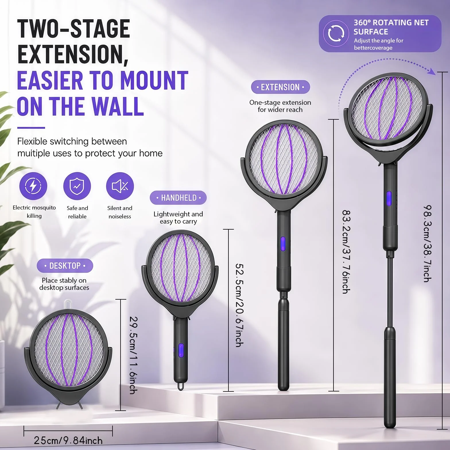 Tapette à mouches électrique 2800 V 4 en 1 avec lumière UV, poignée rotative 360° et télescopique
