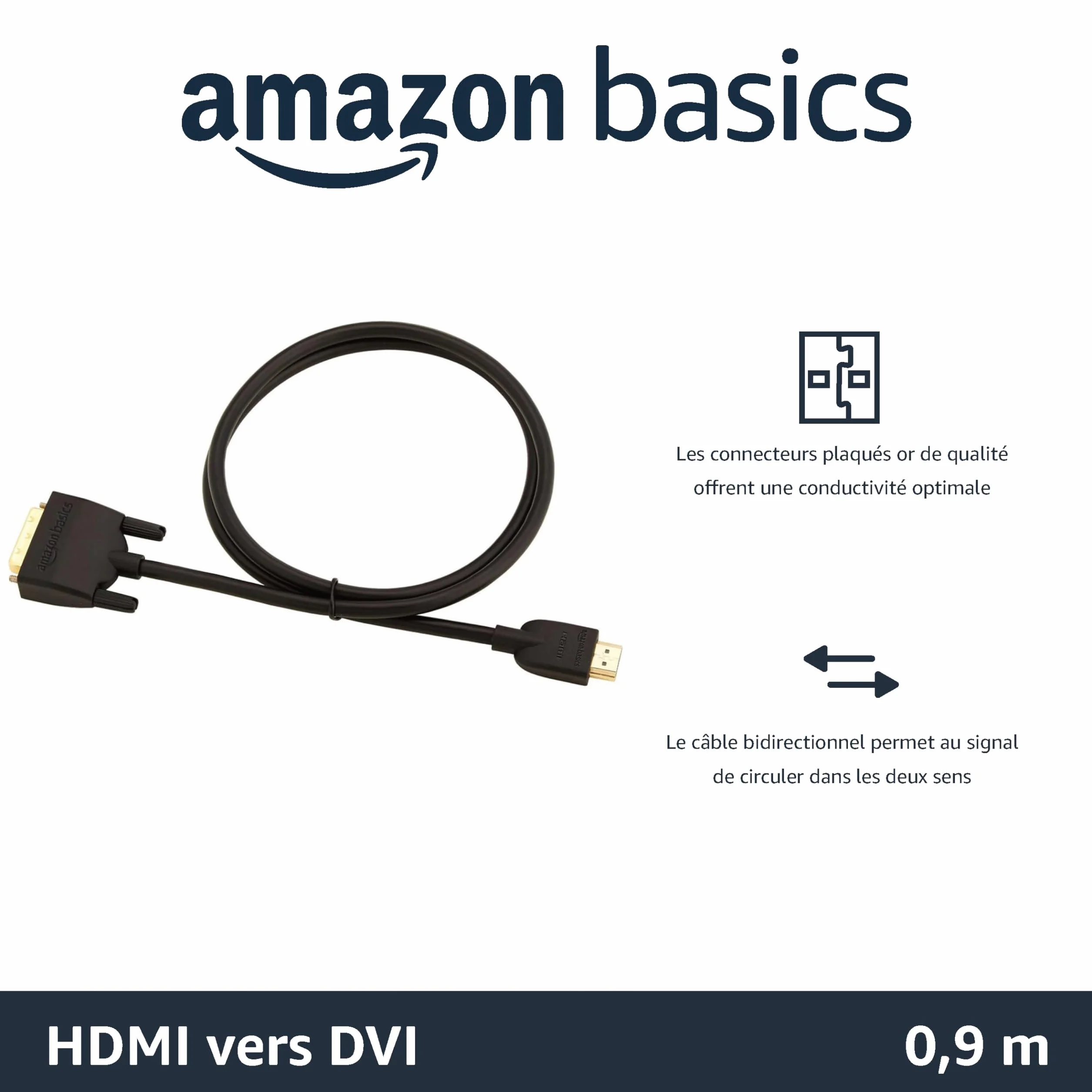 Amazon Basics Câble adaptateur HDMI-A vers DVI, Bidirectionnel 1080P, Plaqué or, 0.9 m, Noir